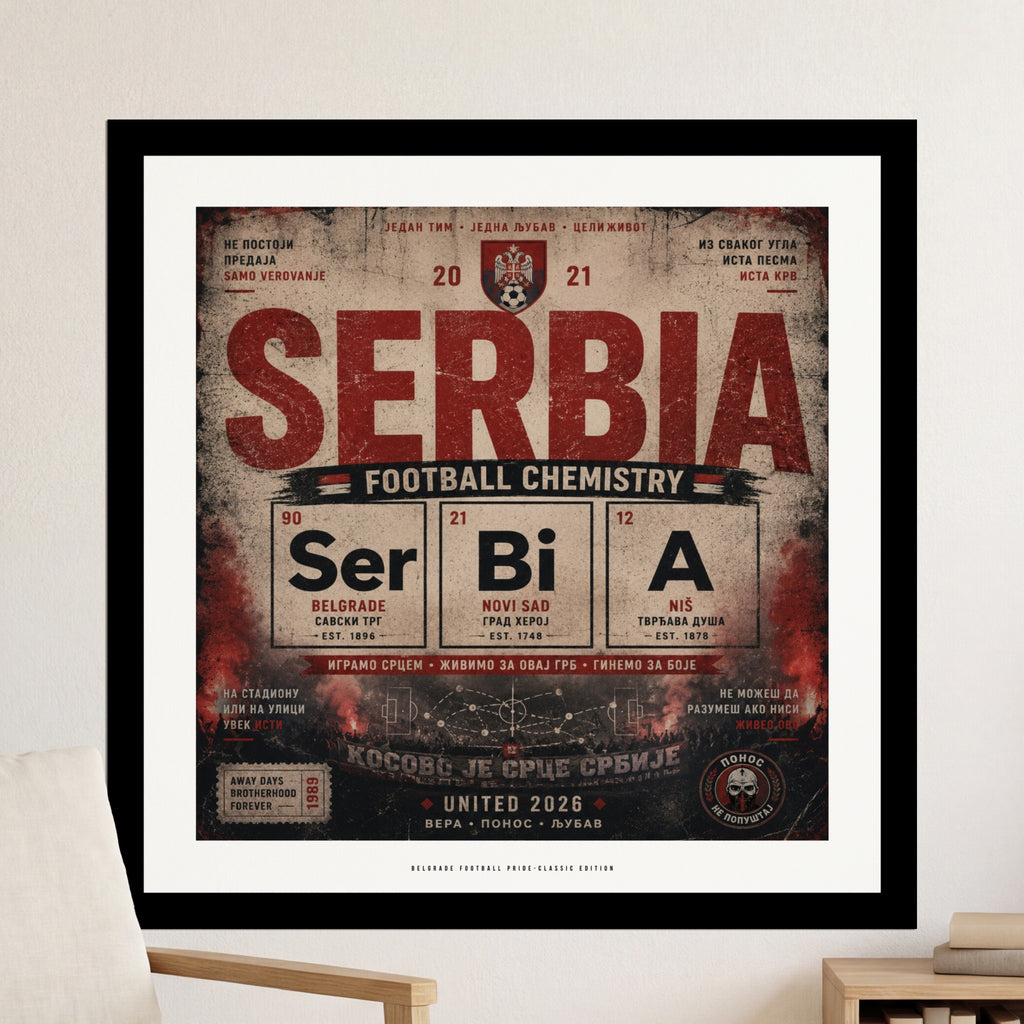 Serbia Football Chemistry poster with coat of arms and city names.