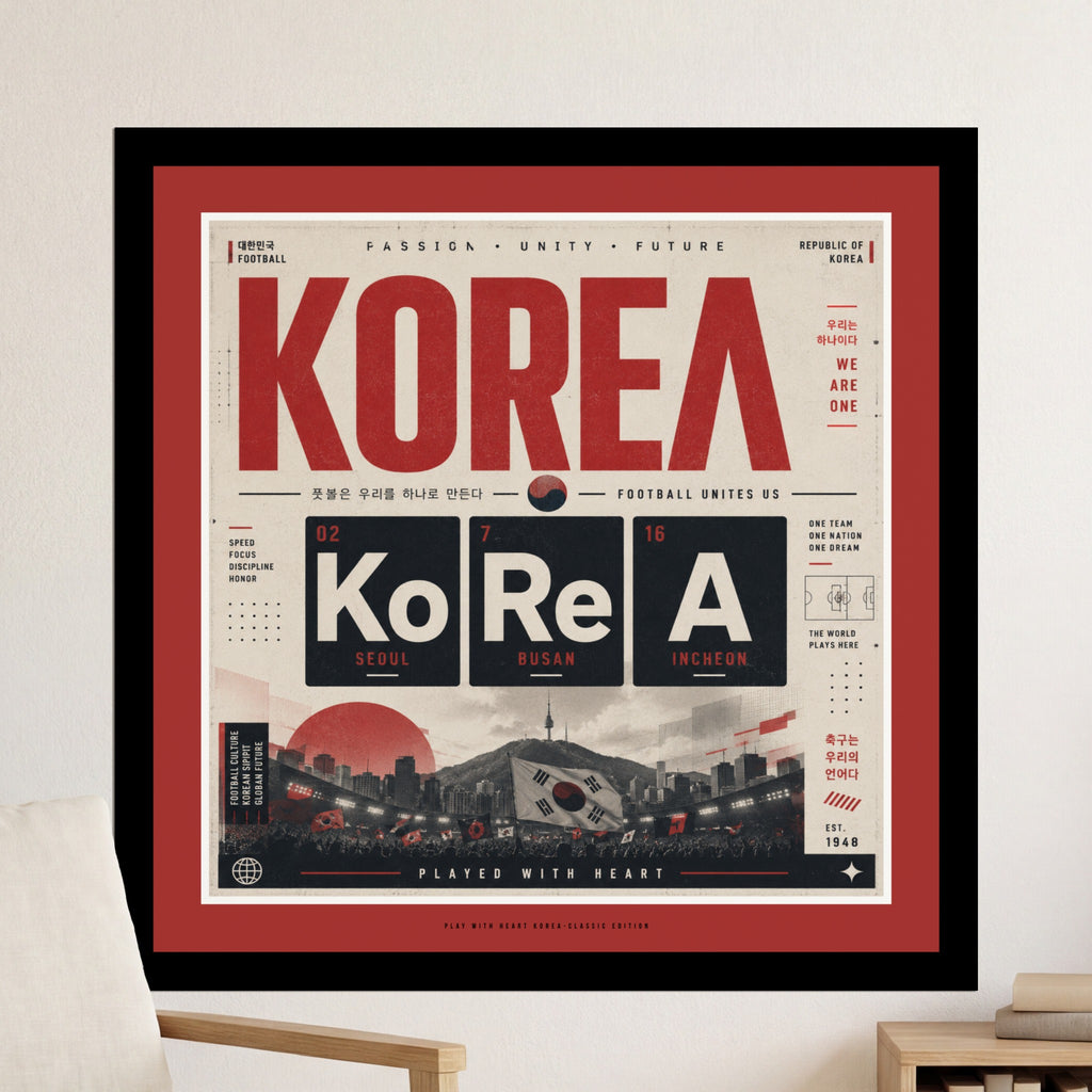 Retro poster for Korea's football team with text and vintage graphics.