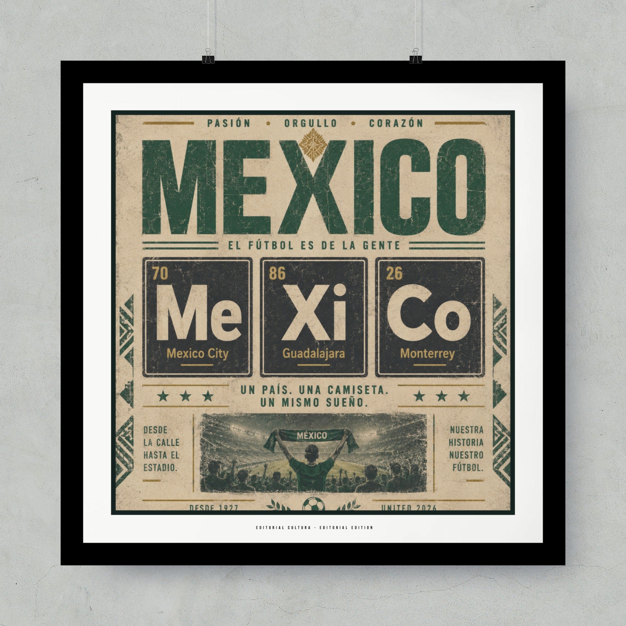 Mexico flag colors with element symbols for Mexico City, Guadalajara, Monterrey.