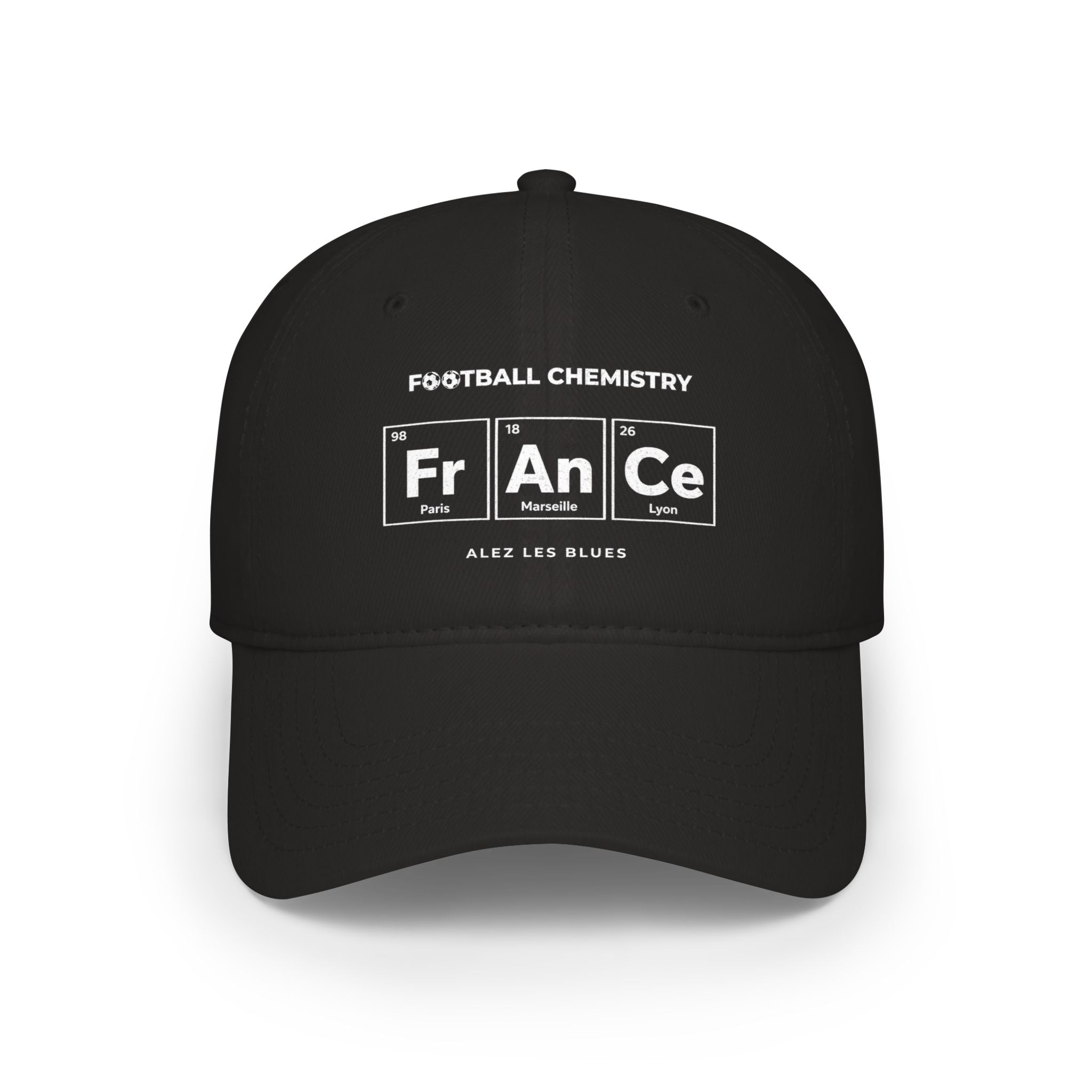Black baseball cap with "FOOTBALL CHEMISTRY" and periodic table elements for France.