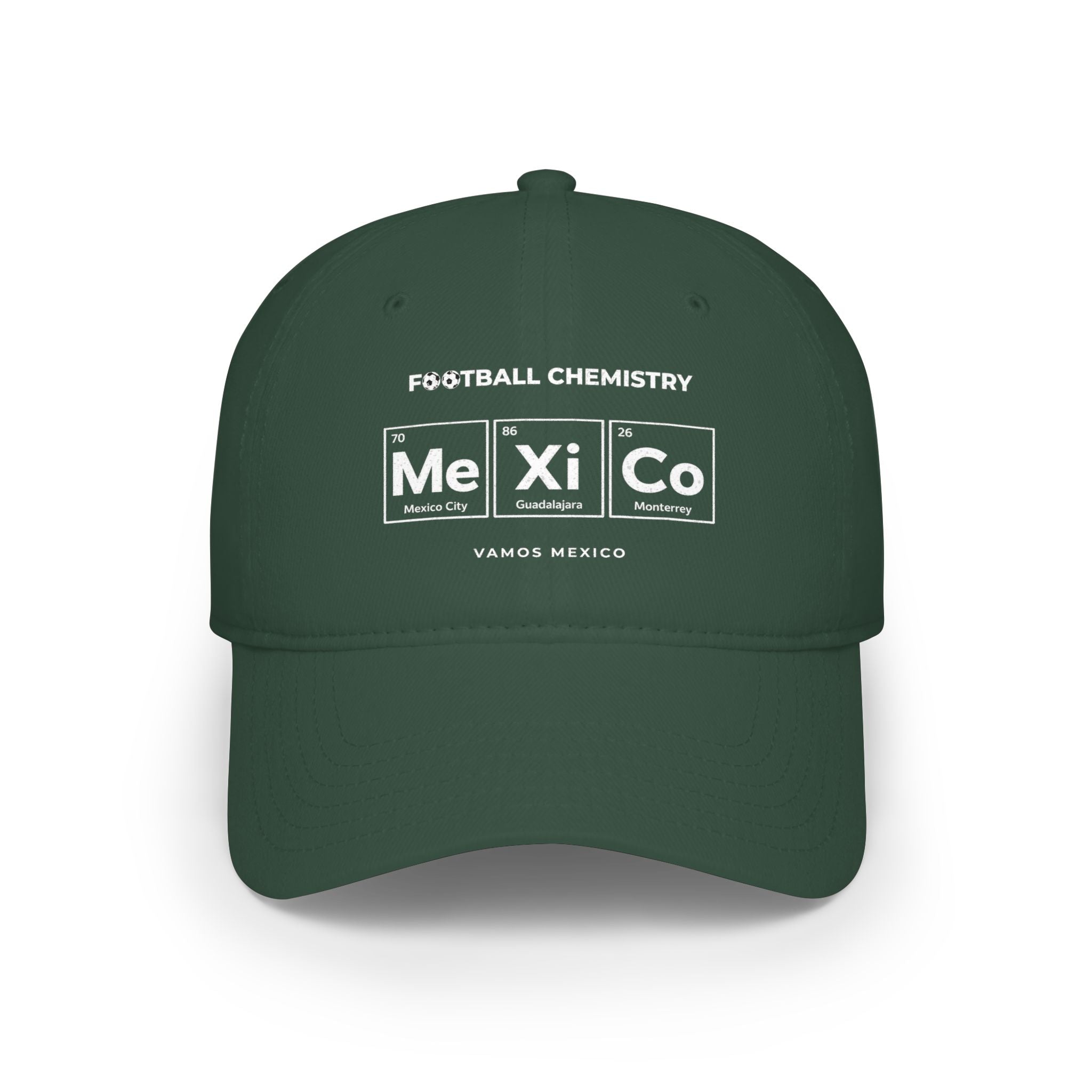 Dark green baseball cap with "FOOTBALL CHEMISTRY" and "Me Xi Co" elements.