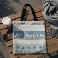 Tote bag with "Football Chemistry Argentina" design and periodic table elements.