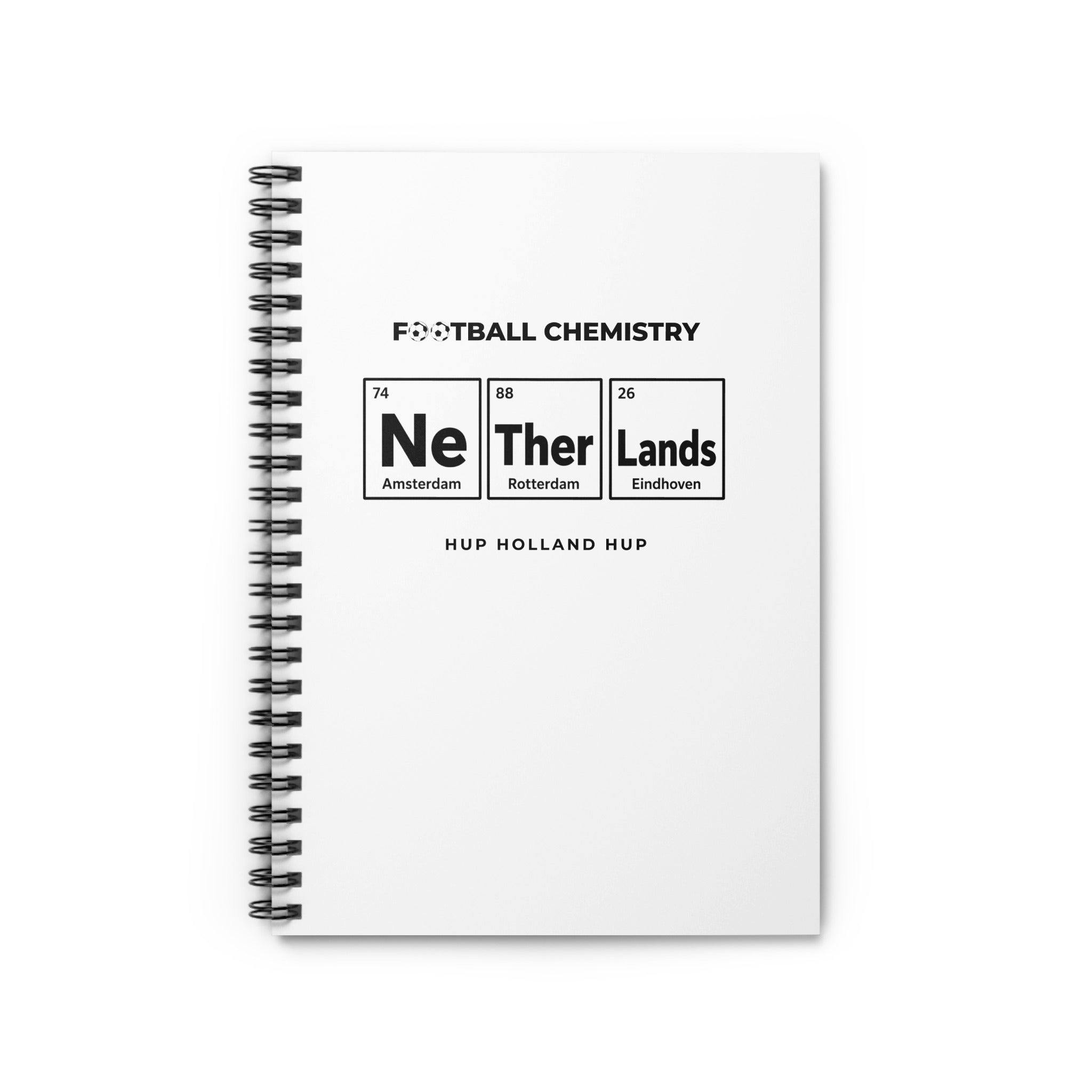Notebook with "FOOTBALL CHEMISTRY" and element symbols for Amsterdam, Rotterdam, Eindhoven.