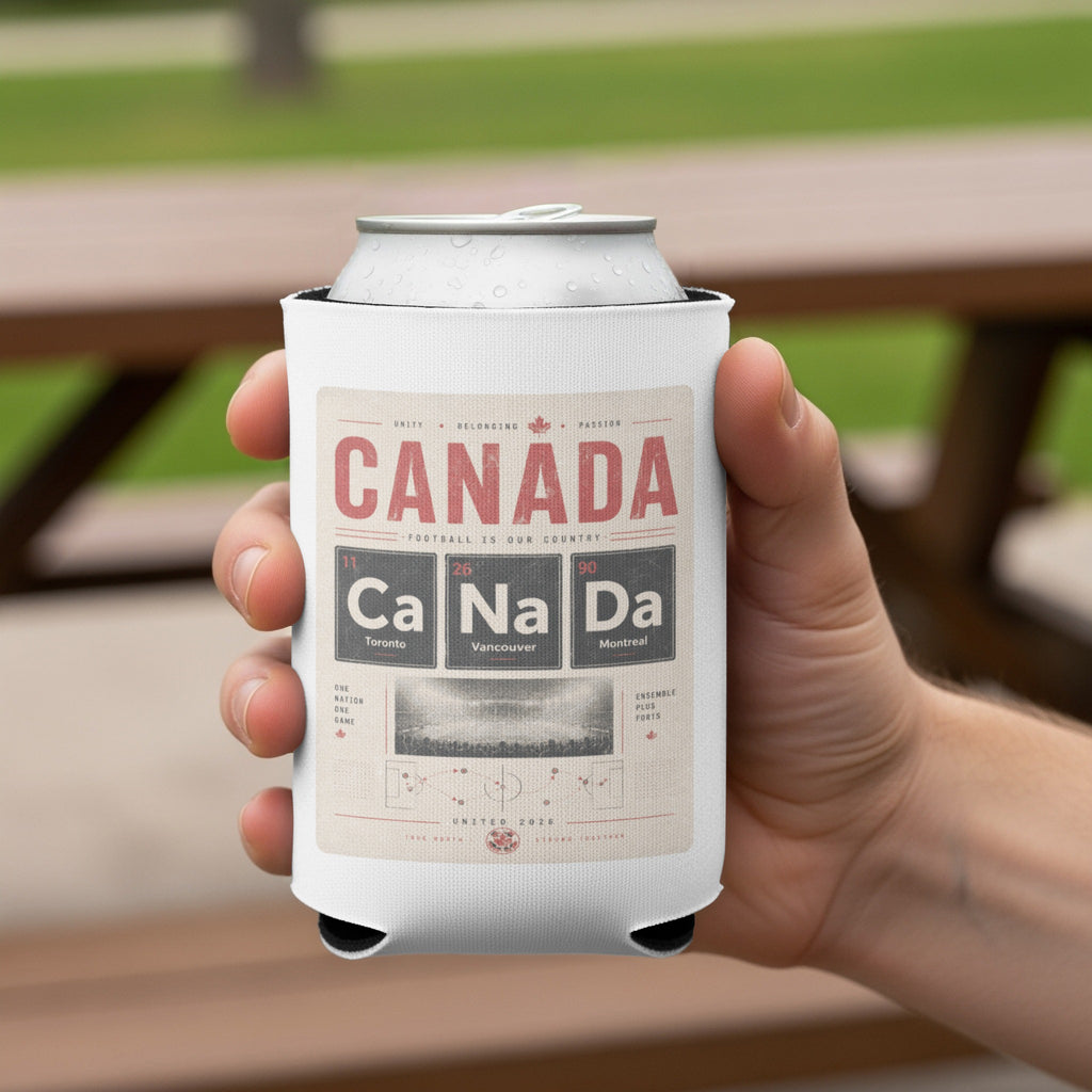 Canada can cooler with football-themed design and city names.