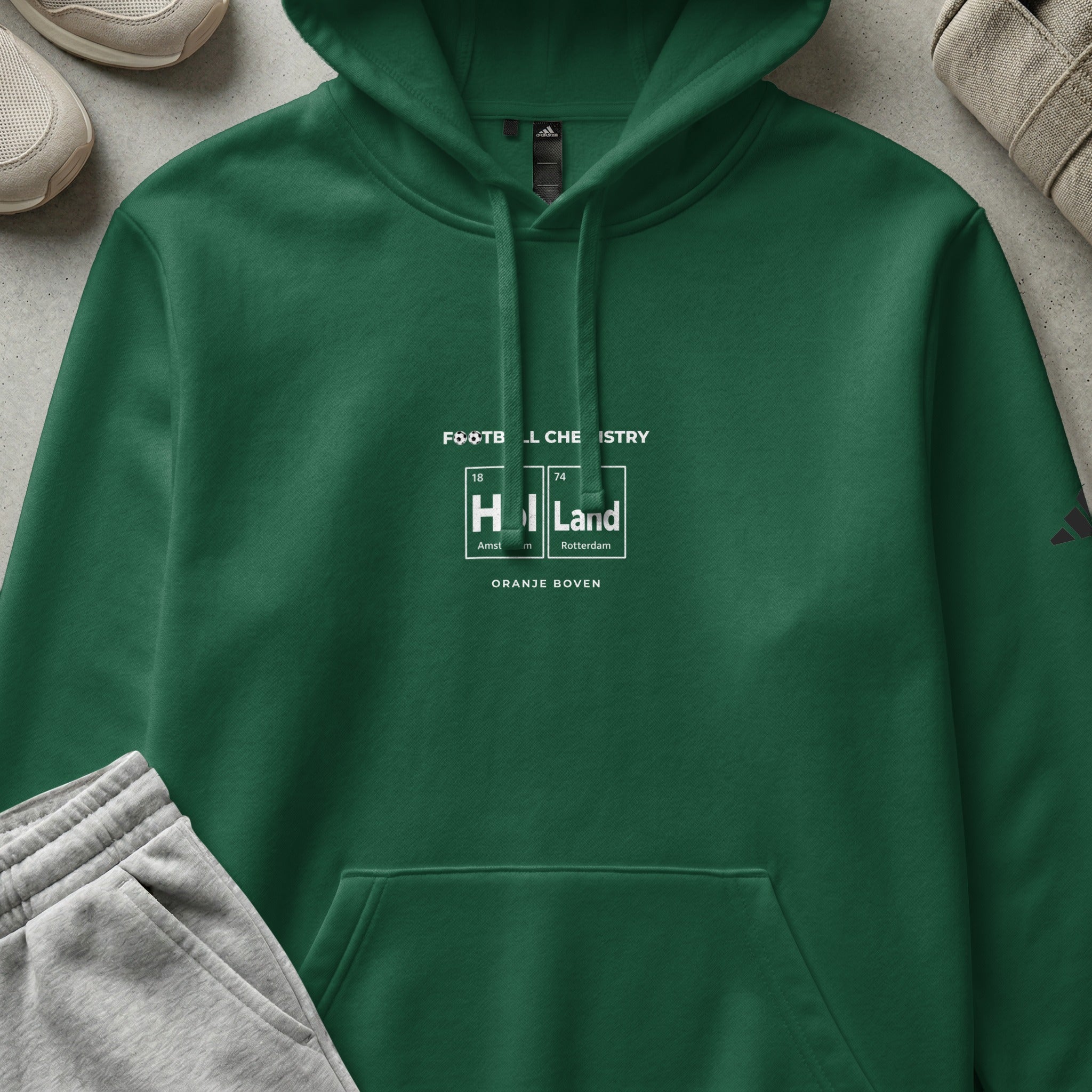 Green hoodie with "FOOTBALL CHEMISTRY" and "HOLLAND" text, featuring Rotterdam and Amsterdam.