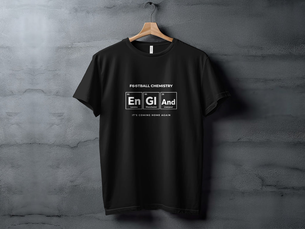Black t-shirt with "Football Chemistry" and chemical symbols representing cities.