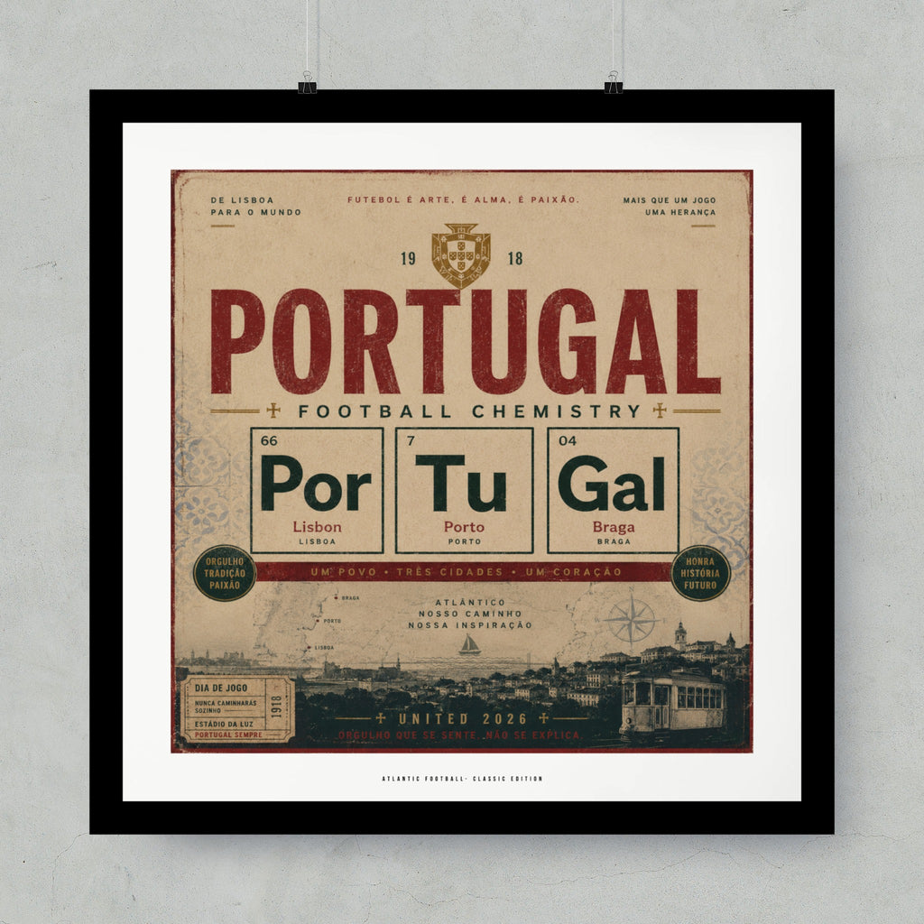 Portugal Football Chemistry poster with cities Lisbon, Porto, Braga and relevant text.