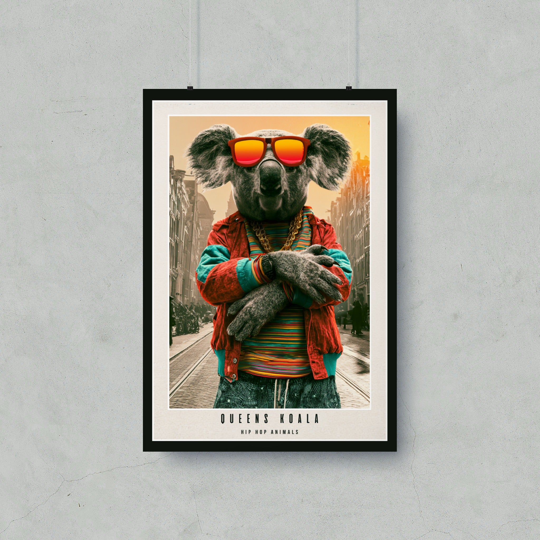 Koala wearing sunglasses and gold chain, "Queens Koala Hip Hop Animals" text.
