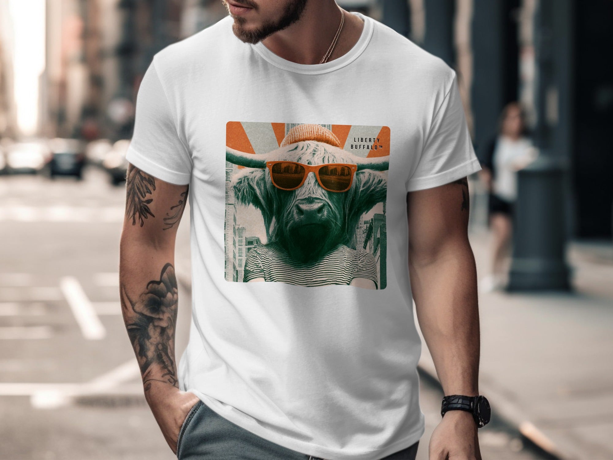 T-shirt featuring a bull wearing sunglasses and a beanie.