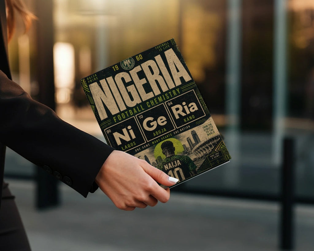 Nigeria football magazine cover featuring "NAIJA" in large lettering and city names.