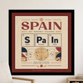 Spain flag with periodic table elements representing Madrid, Barcelona, and Seville.