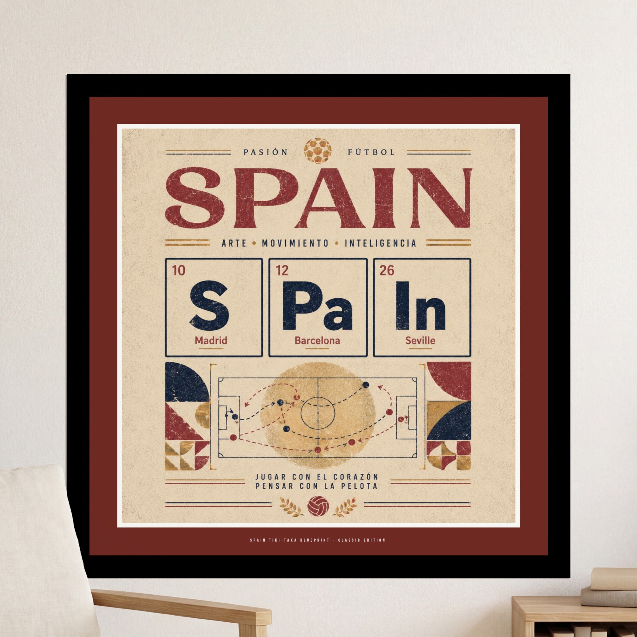 Spain flag with periodic table elements representing Madrid, Barcelona, and Seville.