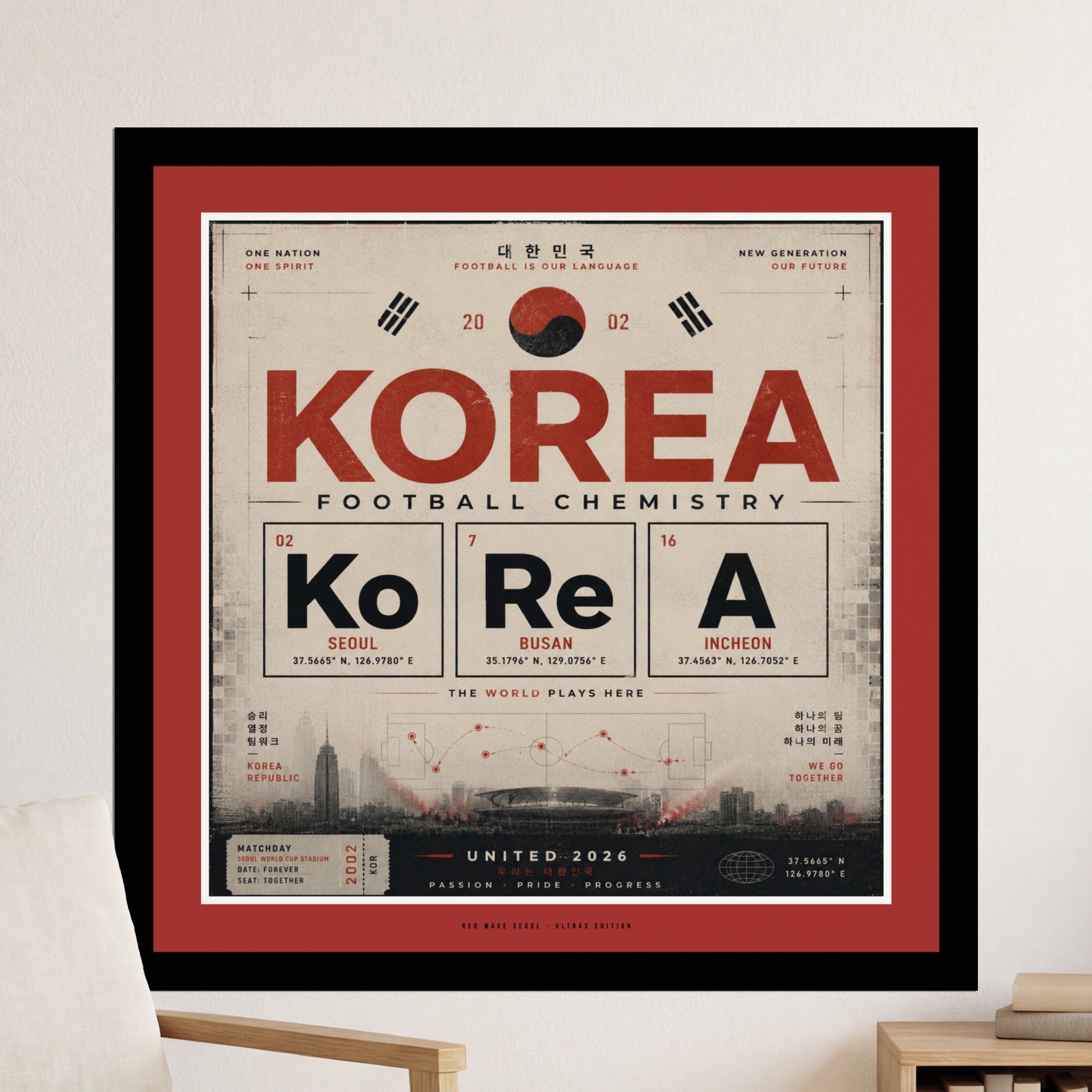 Korea Football Chemistry poster with elemental symbols, city locations, and Korean text.