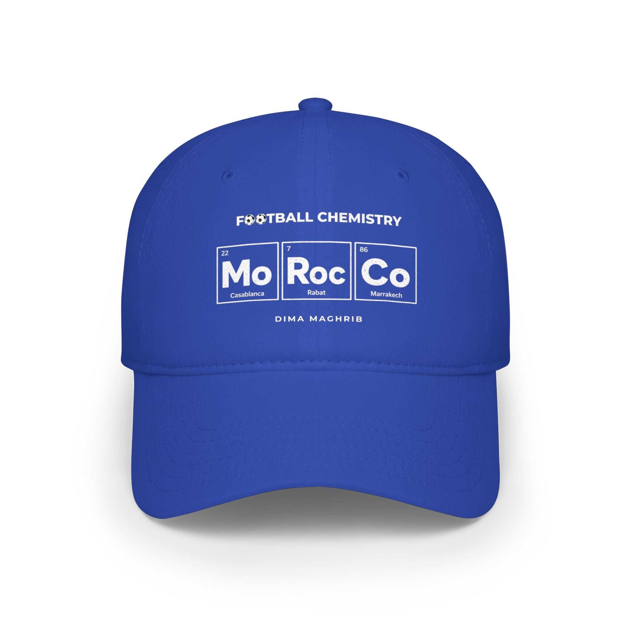 Blue baseball cap with "FOOTBALL CHEMISTRY" and "Mo Roc Co" design.