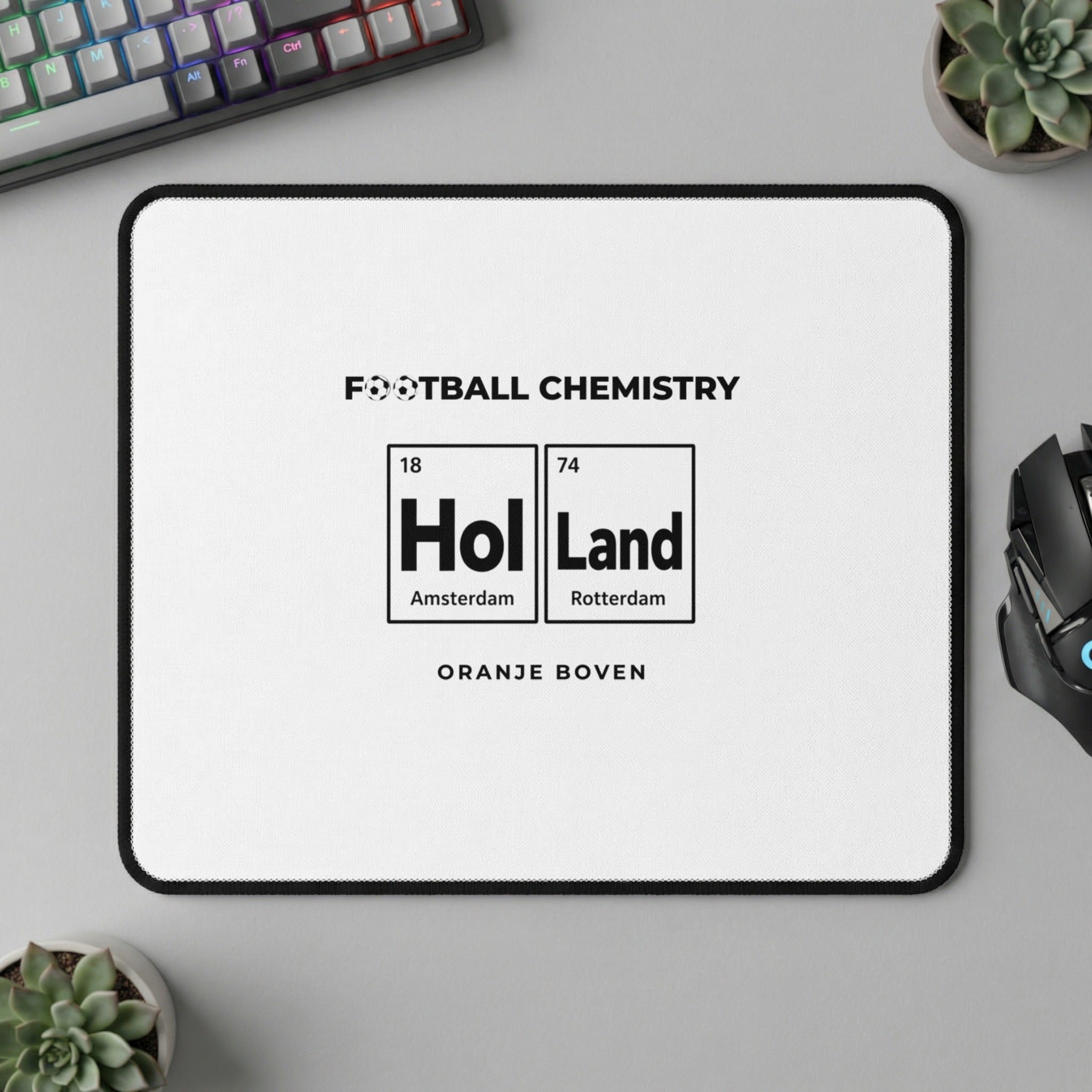 Football Chemistry mousepad with "Holland" in periodic table style, featuring Amsterdam and Rotterdam.