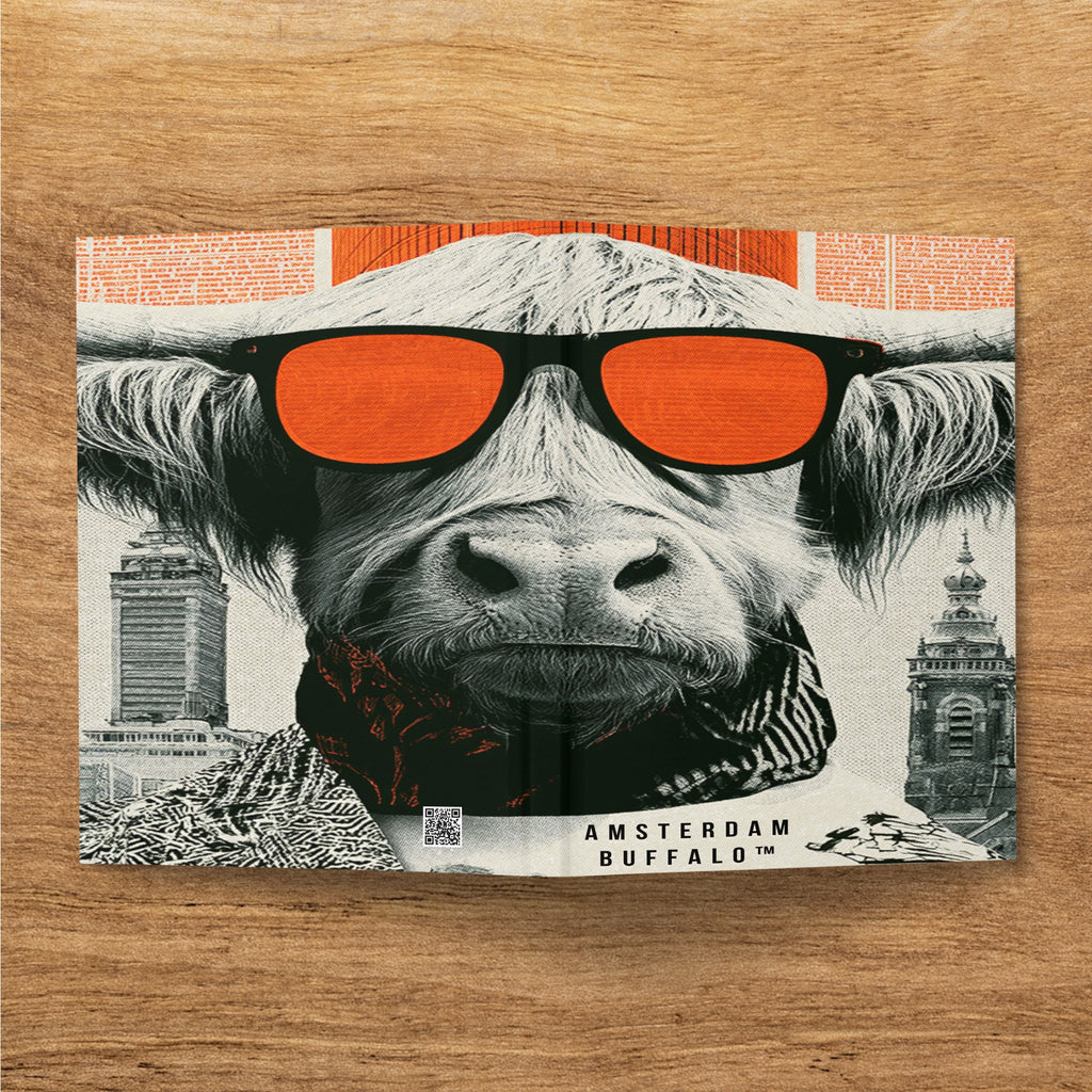 Highland cow wearing sunglasses with city skyline background, Amsterdam Buffalo text.