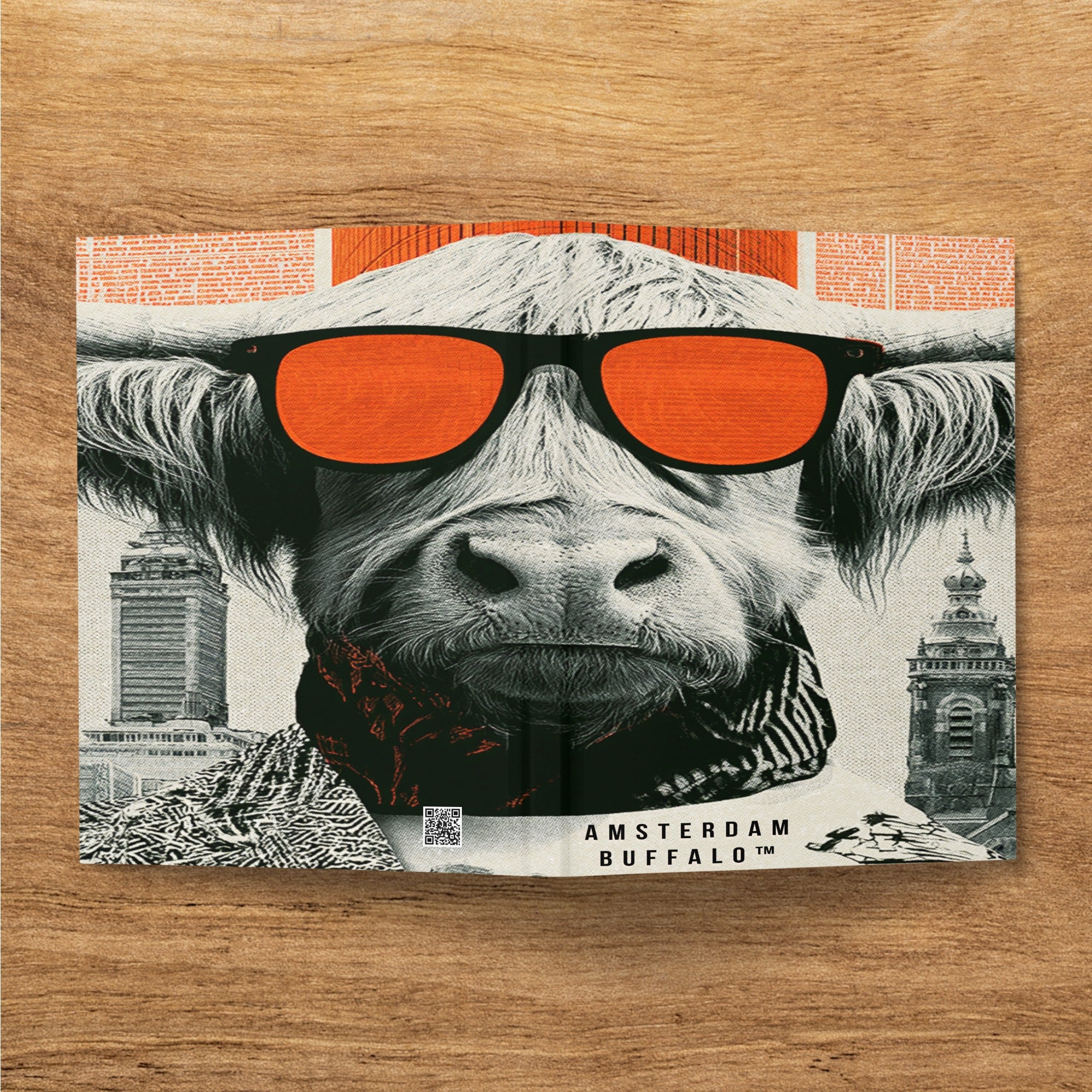 Highland cow wearing sunglasses with city skyline background, Amsterdam Buffalo text.