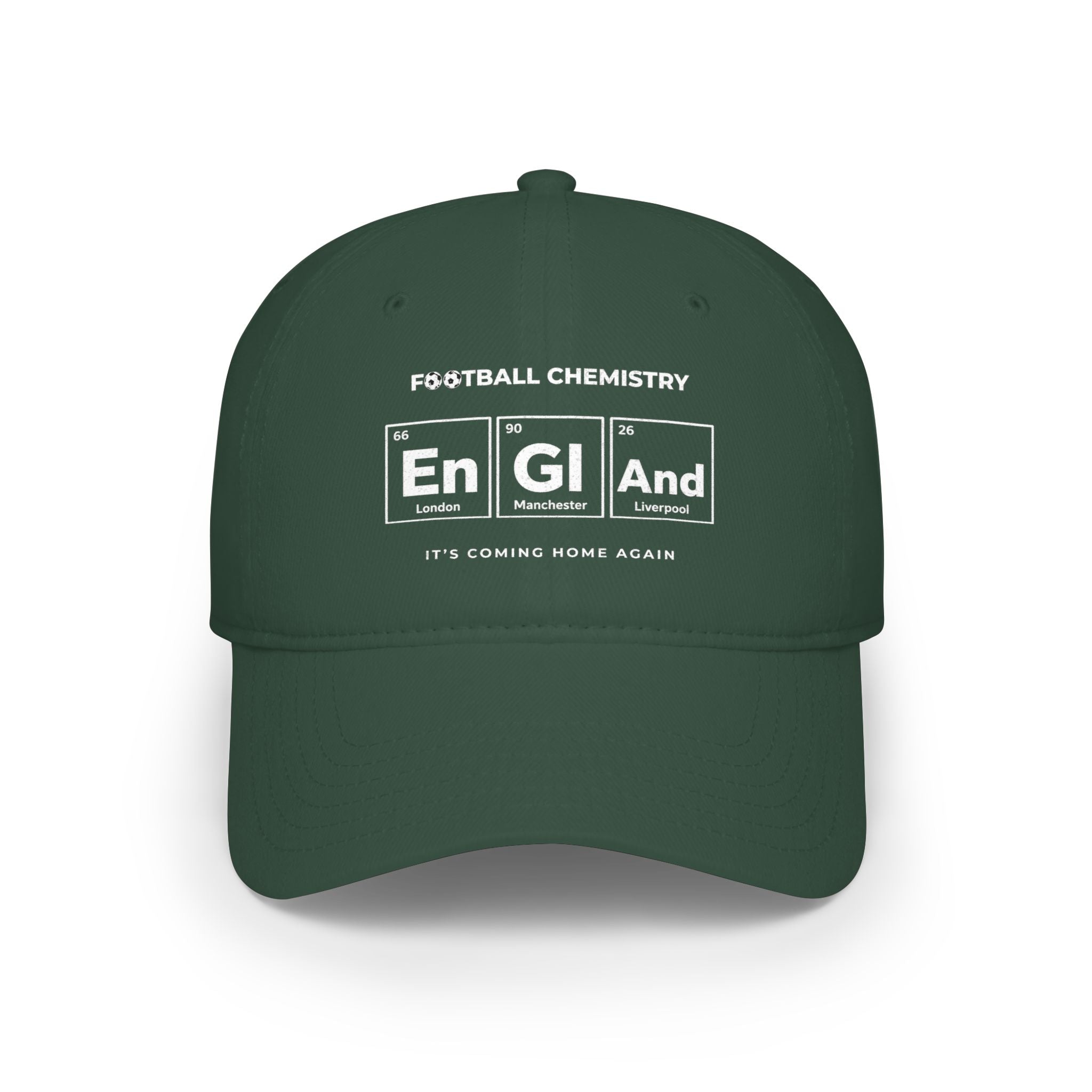 Green baseball cap with "Football Chemistry En GI And" and city names.