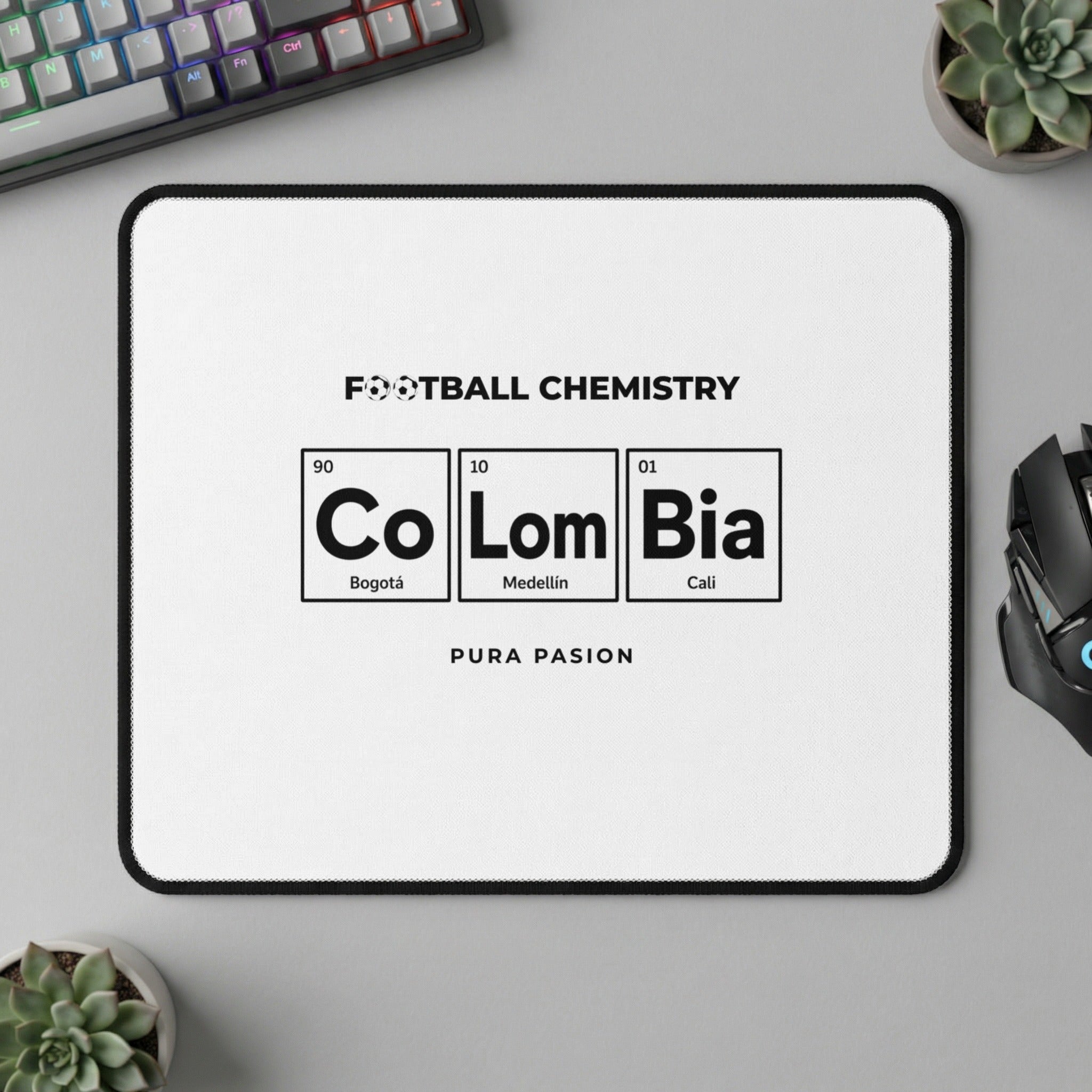 Football Chemistry mousepad with "Colombia" in periodic table style and city names.