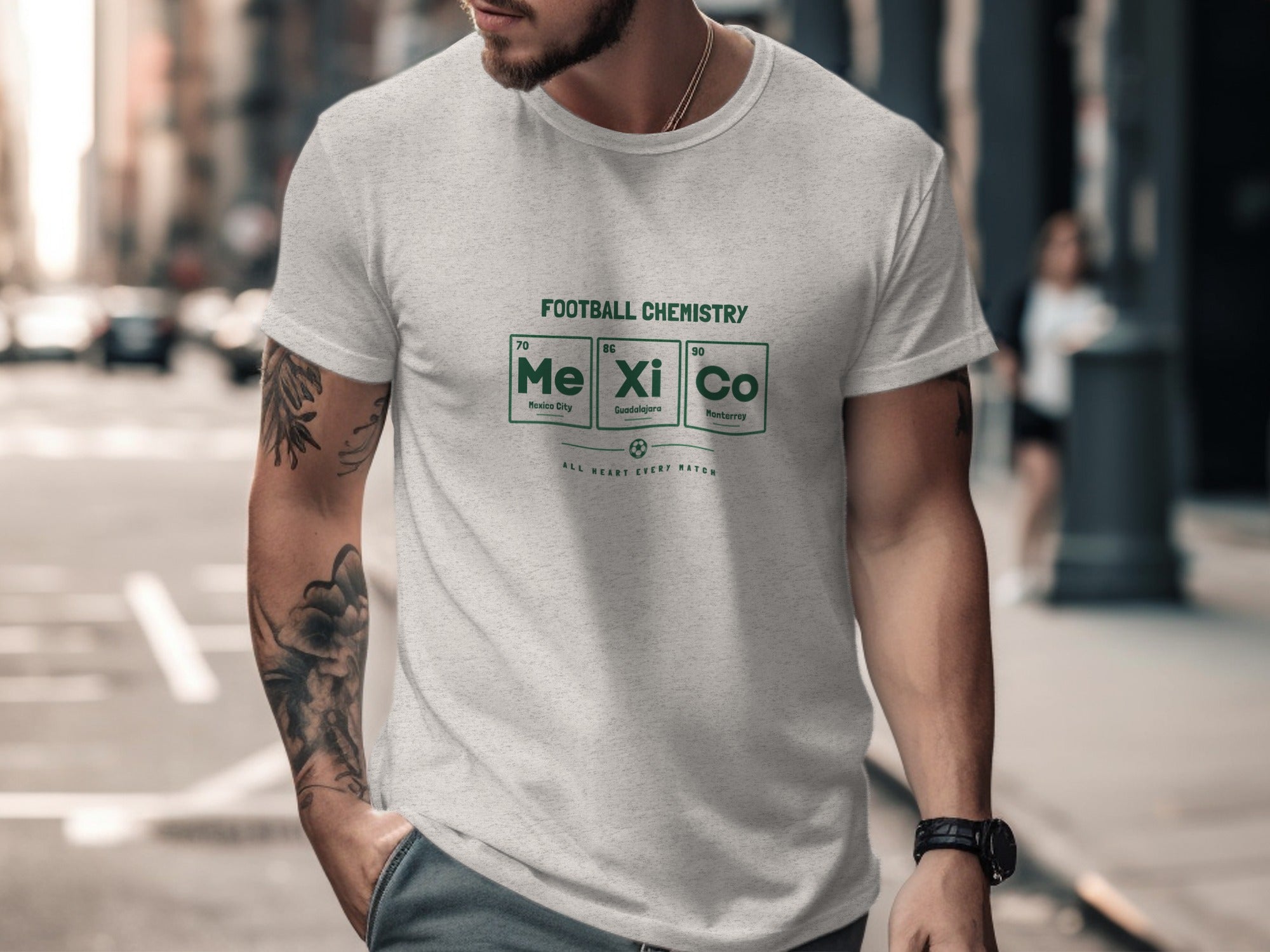 T-shirt with "Football Chemistry" and "Me Xi Co" in periodic table style.