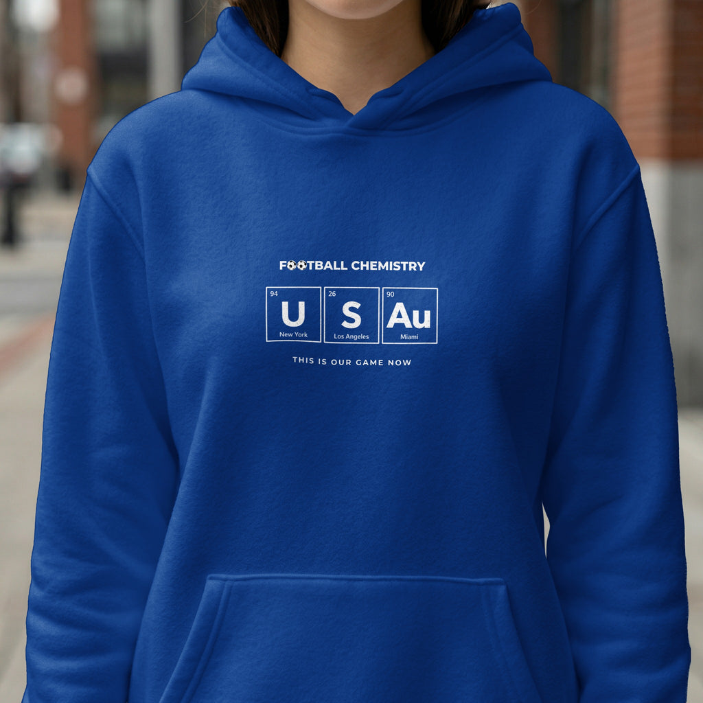 Blue hoodie with "Football Chemistry" text and US and Au symbols.