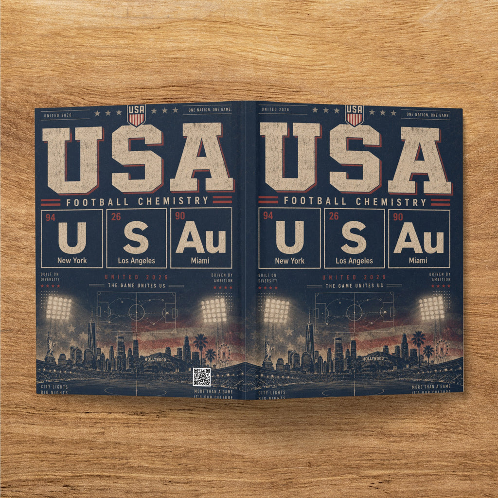 USA United 2026 football chemistry poster for New York, Los Angeles, Miami.
