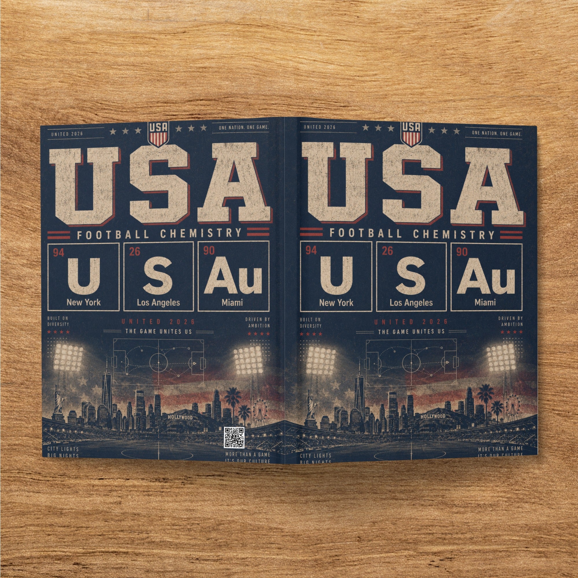USA United 2026 football chemistry poster for New York, Los Angeles, Miami.