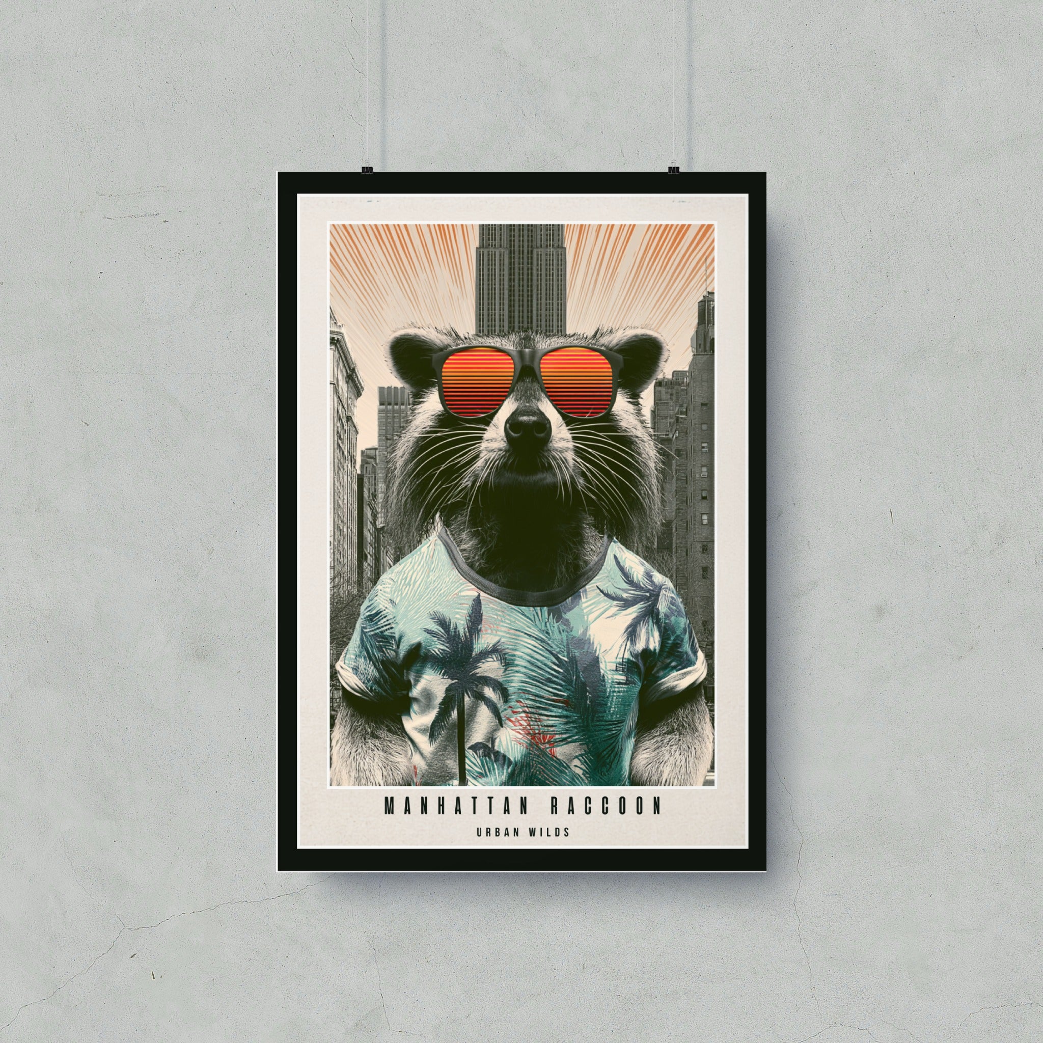 Raccoon wearing sunglasses and tropical shirt, with "MANHATTAN RACCOON URBAN WILDS" text.