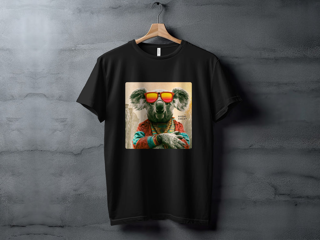 Koala wearing sunglasses and jewelry on a black t-shirt.