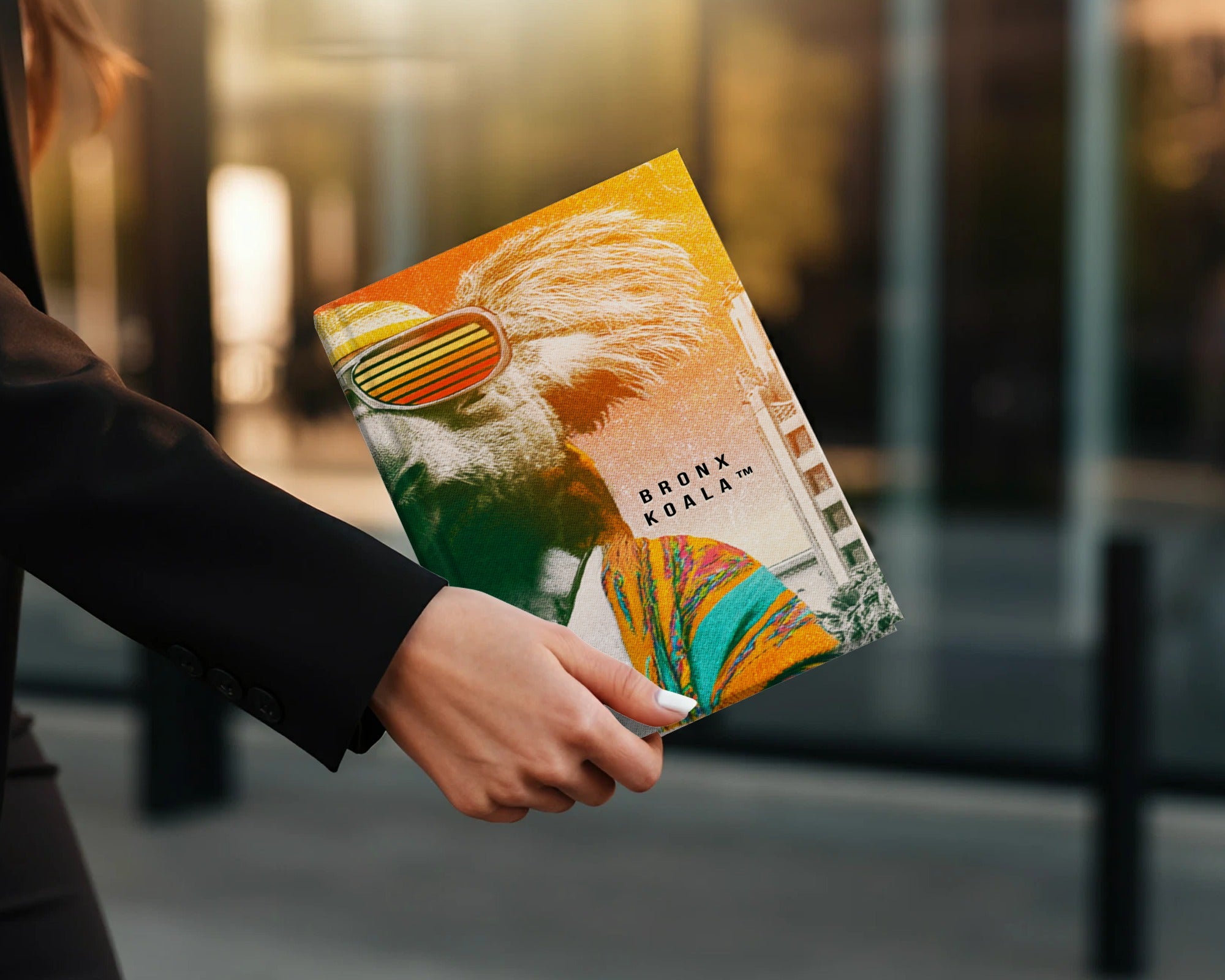 Woman holds a colorful book cover with a stylized portrait and "Bronx Koala" text.