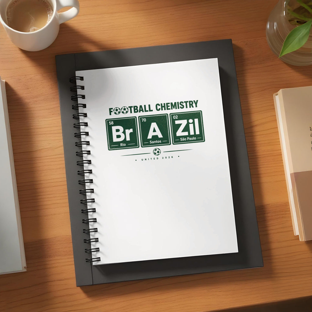 Notebook with "Football Chemistry Brazil" and periodic table elements for Rio and Sao Paulo.