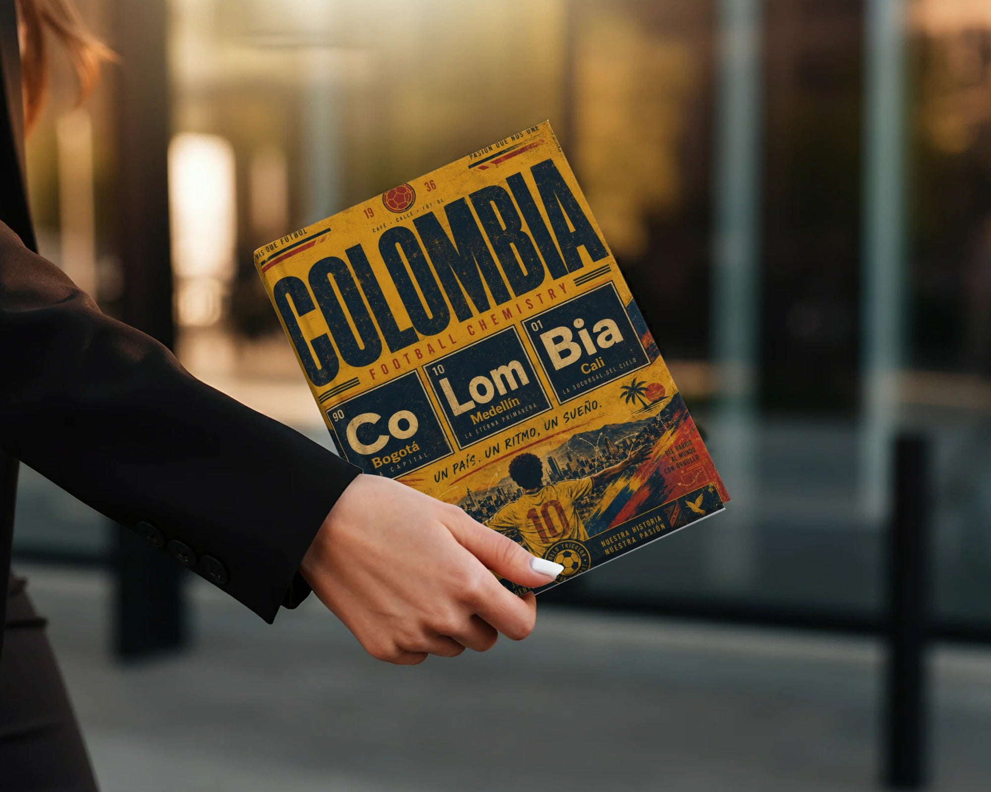 Colombia Football Chemistry periodic table with cities and soccer imagery.