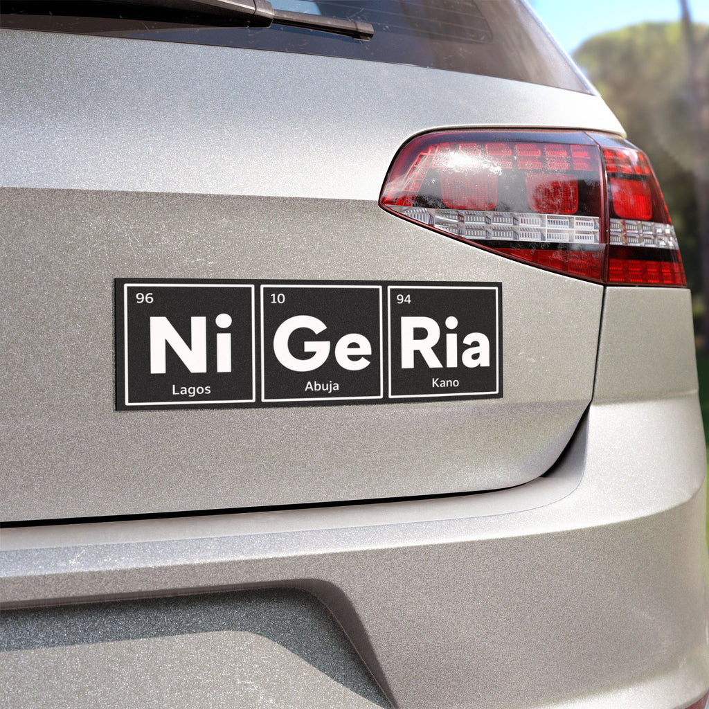 Bumper sticker for Nigeria with cities Lagos, Abuja, and Kano.