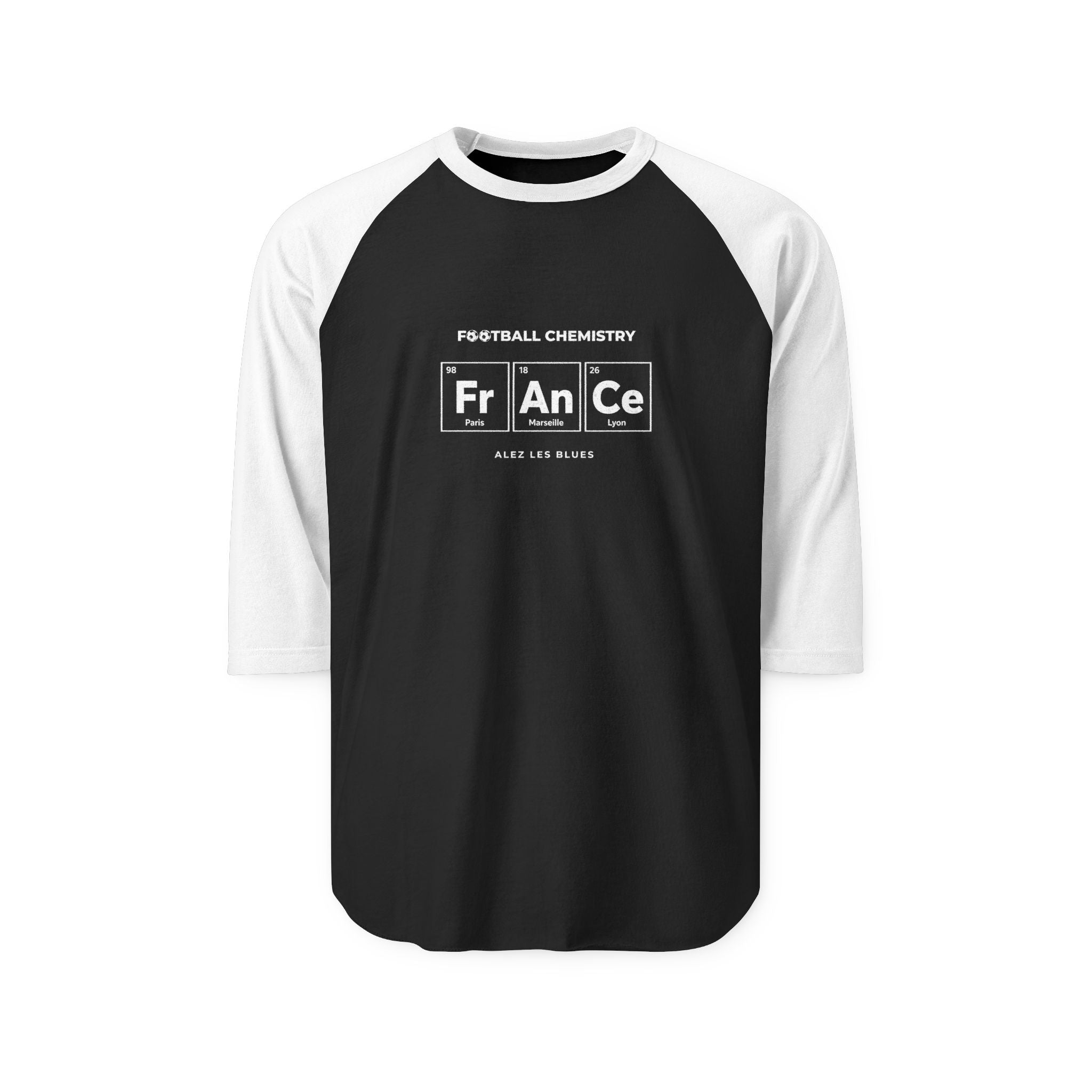 Raglan baseball t-shirt with "Football Chemistry" and periodic table elements for France.