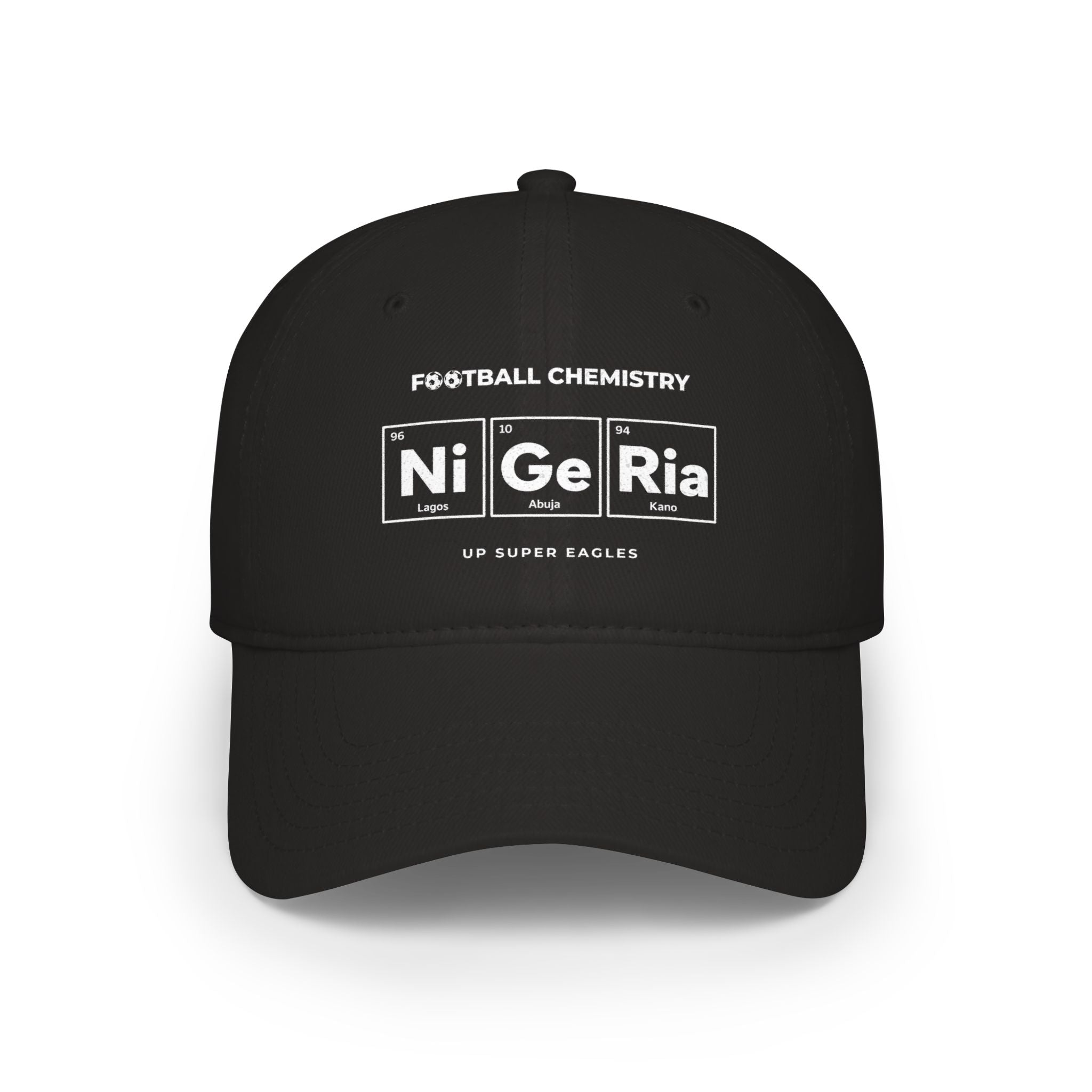 Black baseball cap with "FOOTBALL CHEMISTRY" and "Ni Ge Ria" in periodic table style.