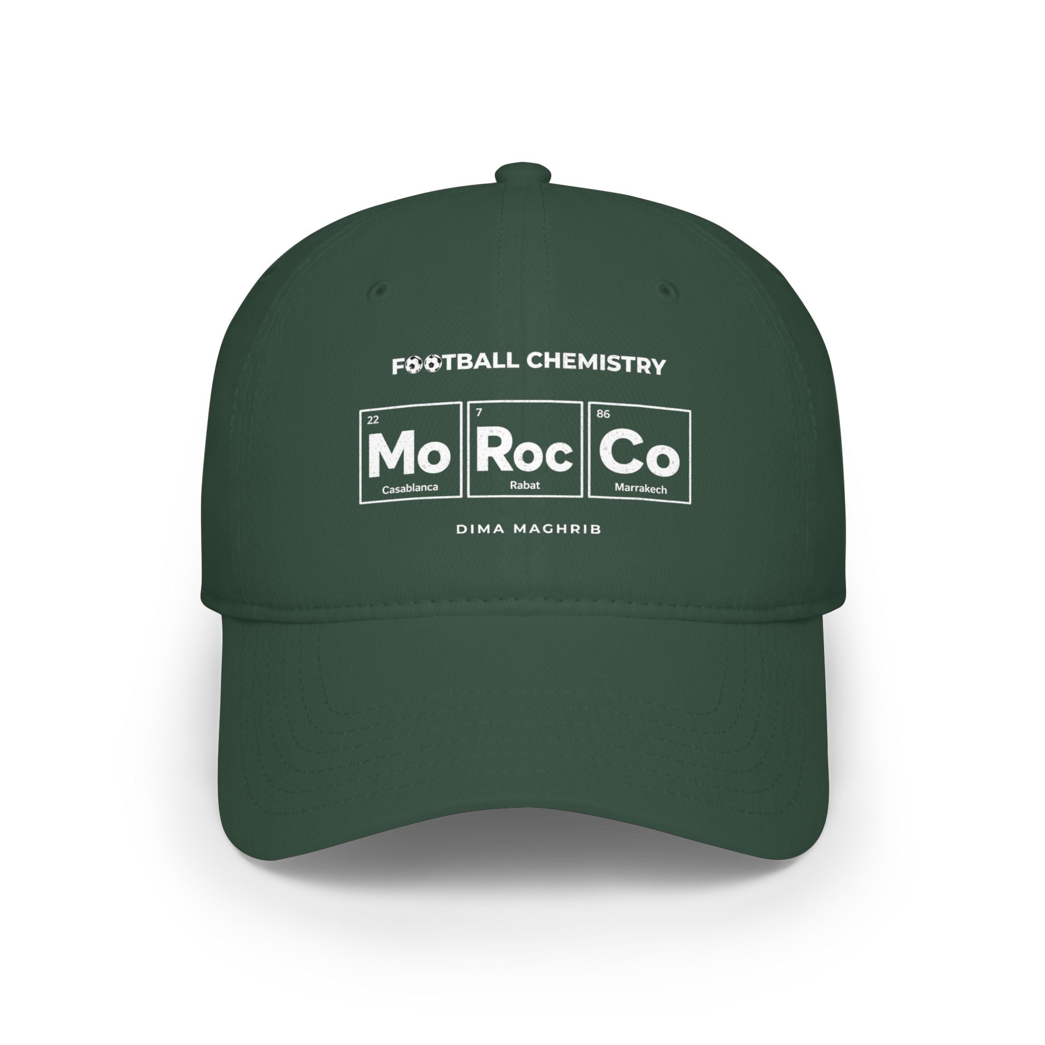 Dark green baseball cap with "Mo Roc Co" and football chemistry design.
