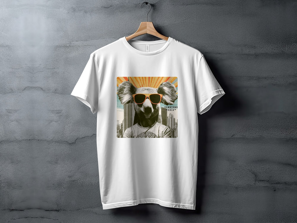 White t-shirt with graphic of a cool koala wearing sunglasses.
