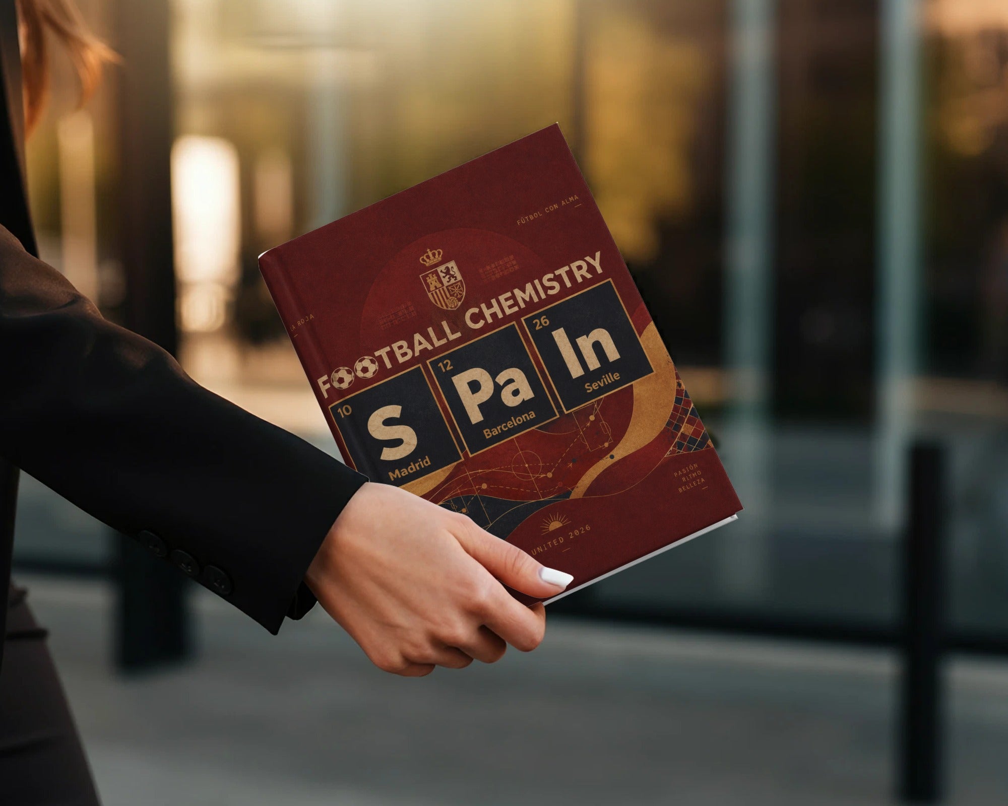 Football Chemistry book titled "LA ROJA" with Spain, Madrid, Barcelona, and Seville.