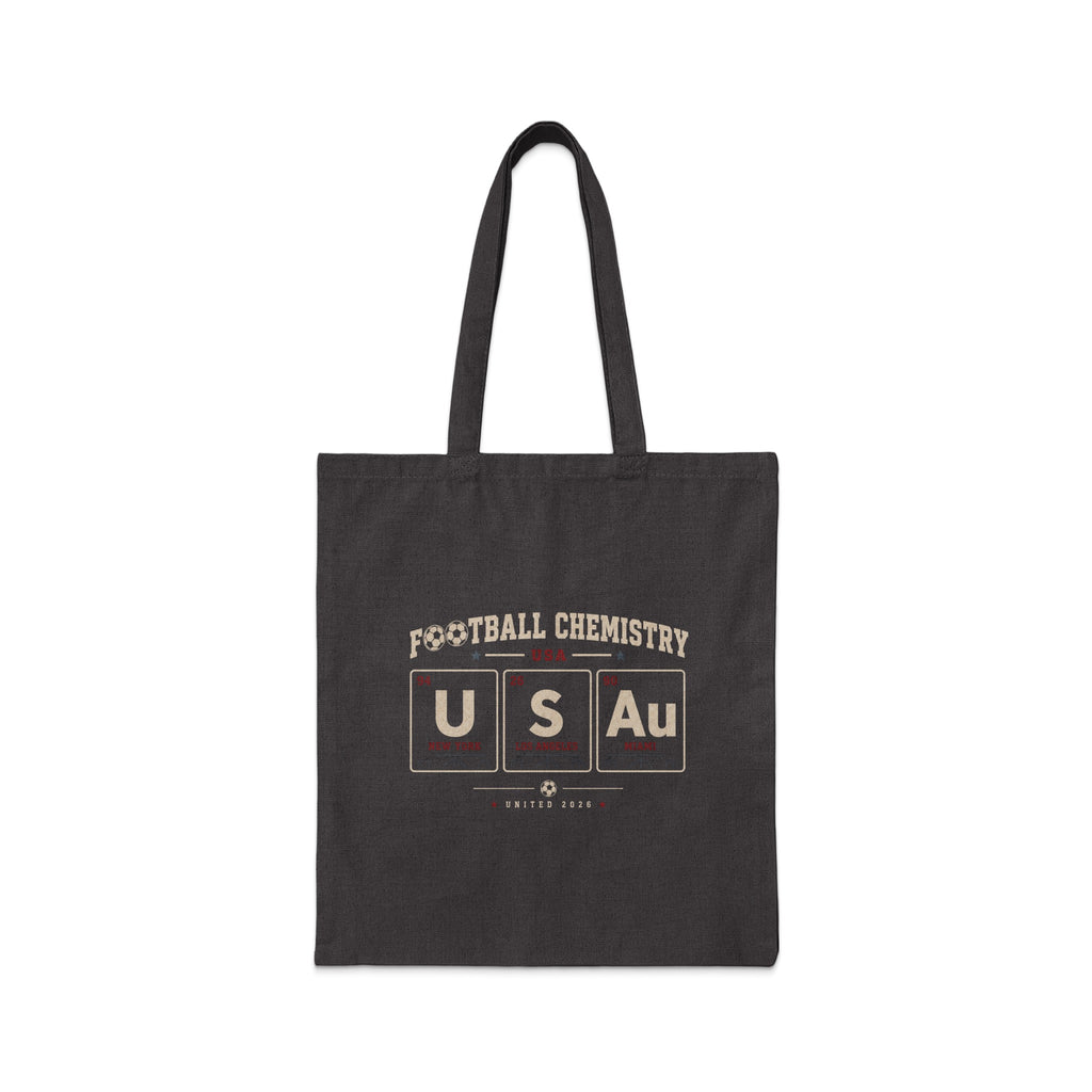 Tote bag with "FOOTBALL CHEMISTRY U S Au UNITED 2026" text and periodic table elements.