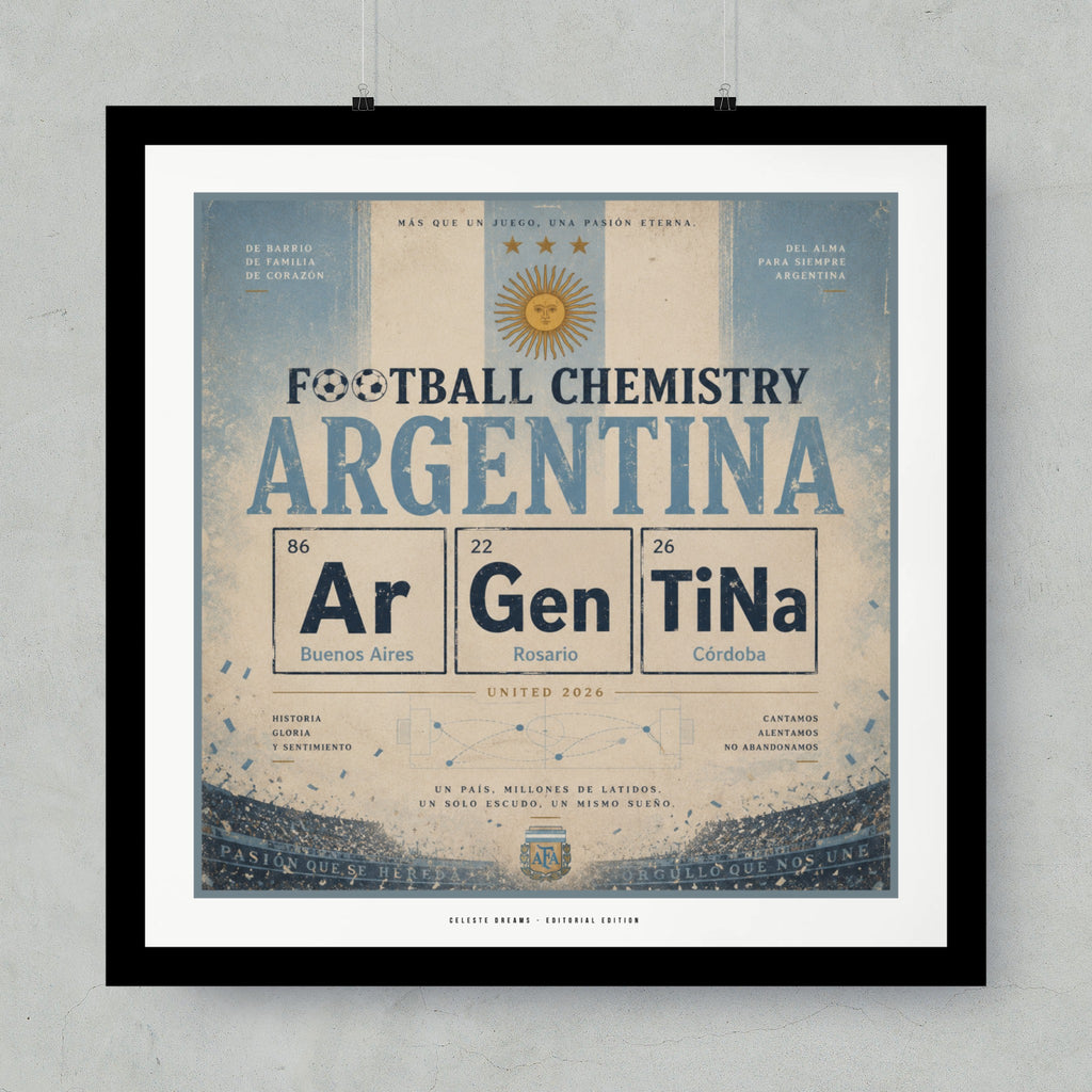 Football Chemistry Argentina poster with elemental symbols and city names.