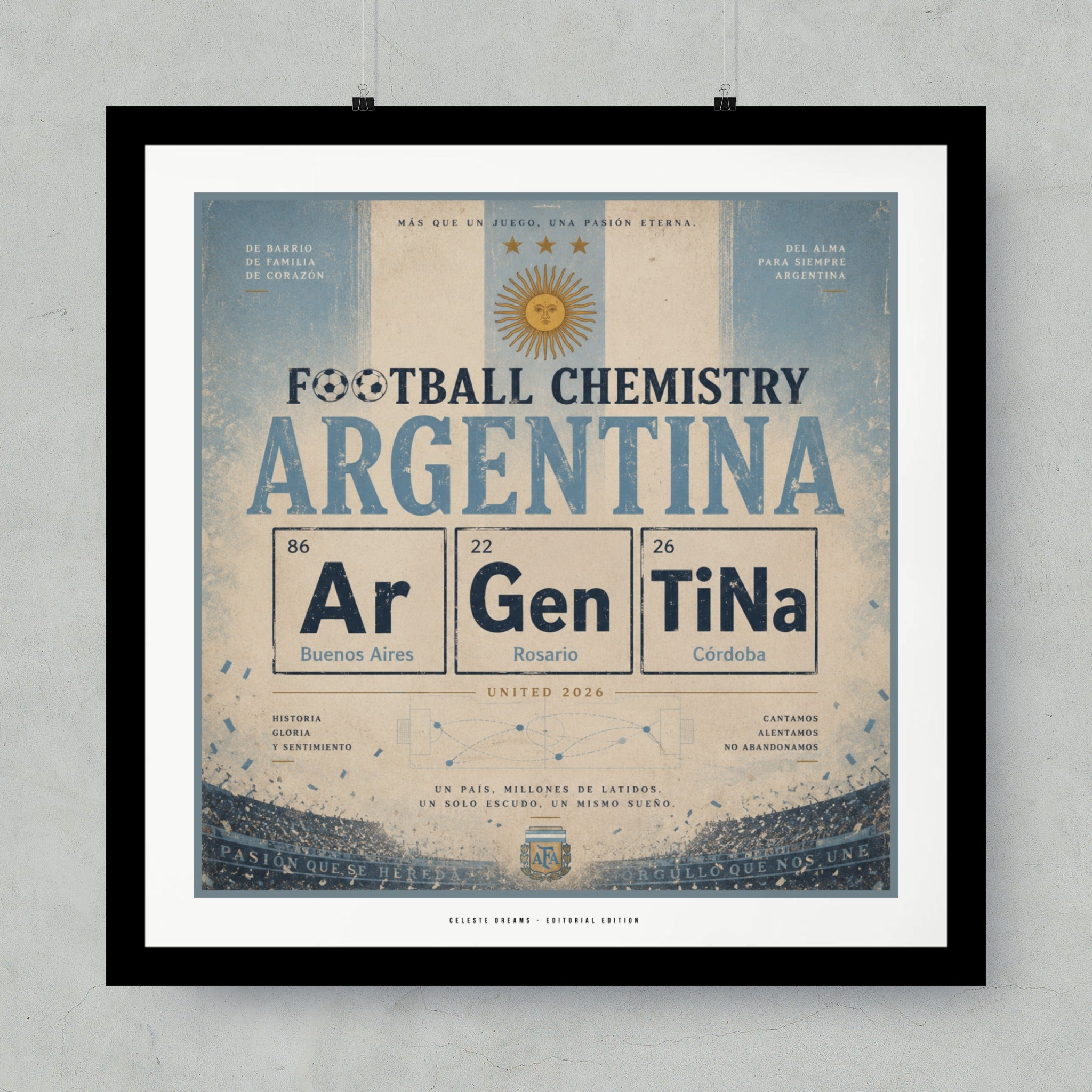 Football Chemistry Argentina poster with elemental symbols and city names.