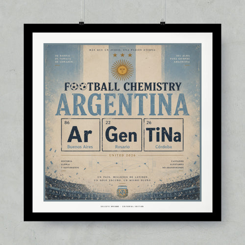 Football Chemistry Argentina poster with elemental symbols and city names.