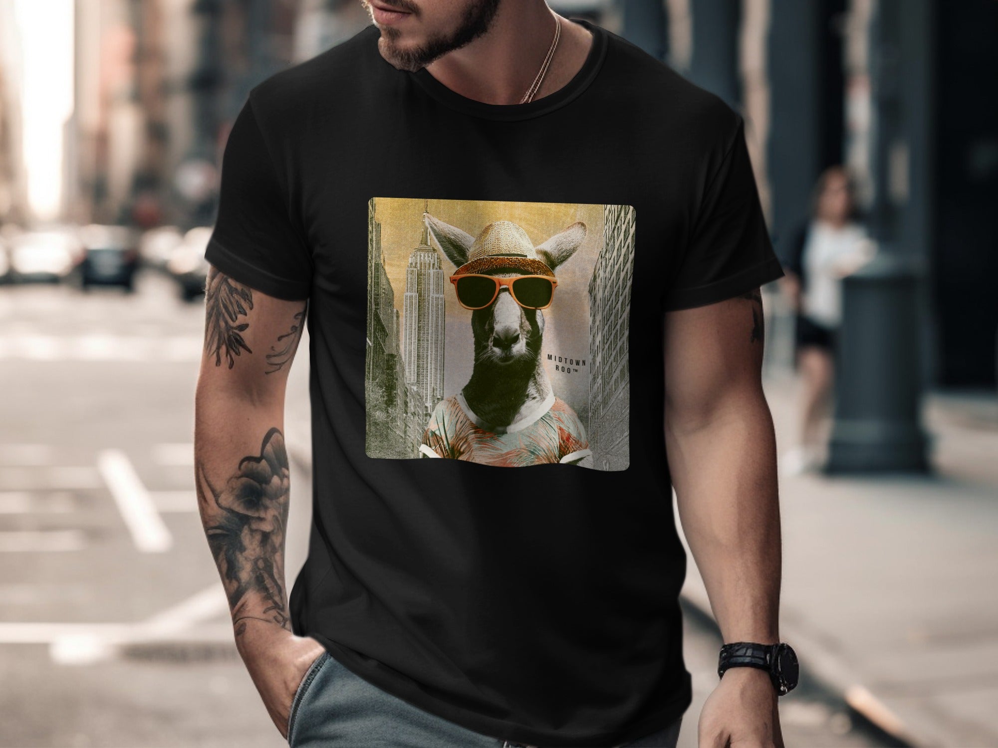 Kangaroo wearing sunglasses and a hat on a city street background.