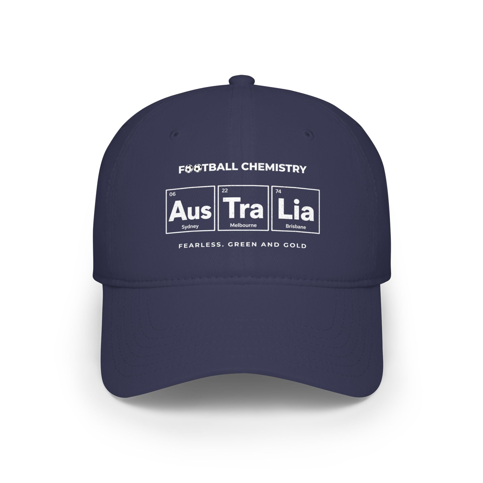 Navy baseball cap with "FOOTBALL CHEMISTRY" and "Australia" in periodic table style.