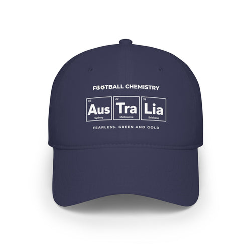 Navy baseball cap with "FOOTBALL CHEMISTRY" and "Australia" in periodic table style.
