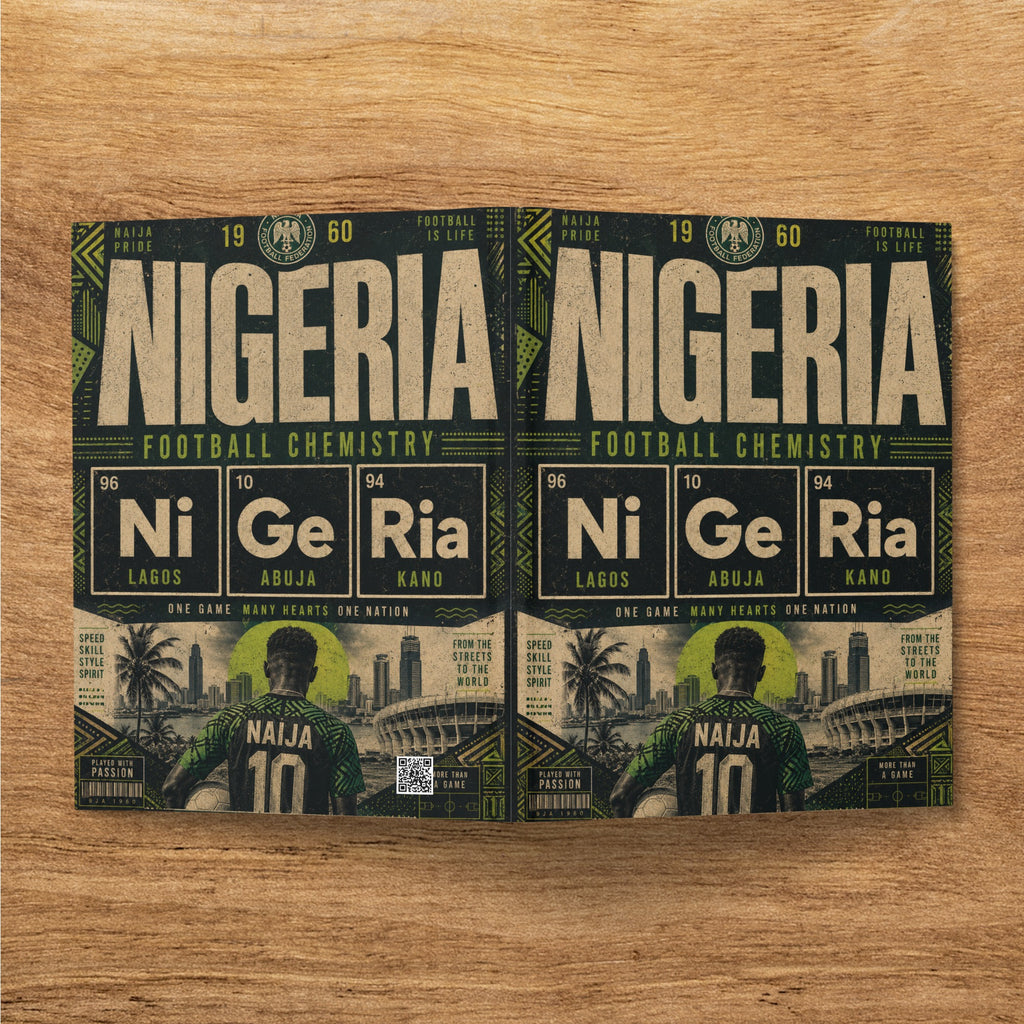 Nigeria football jersey design with "NIGERIA" text, Lagos, Abuja, and Kano locations.