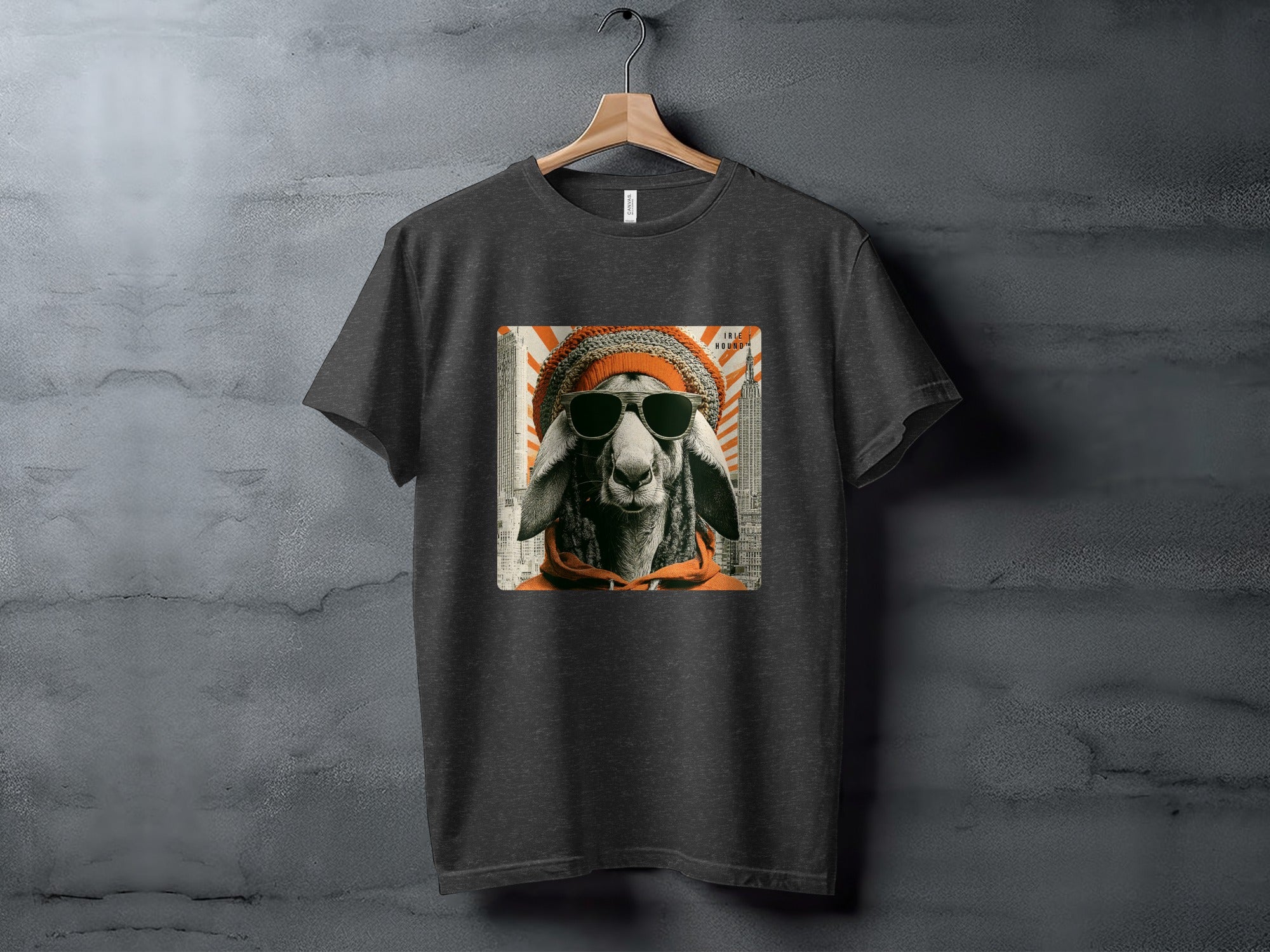 Dark t-shirt with graphic of a sheep wearing sunglasses and hoodie.