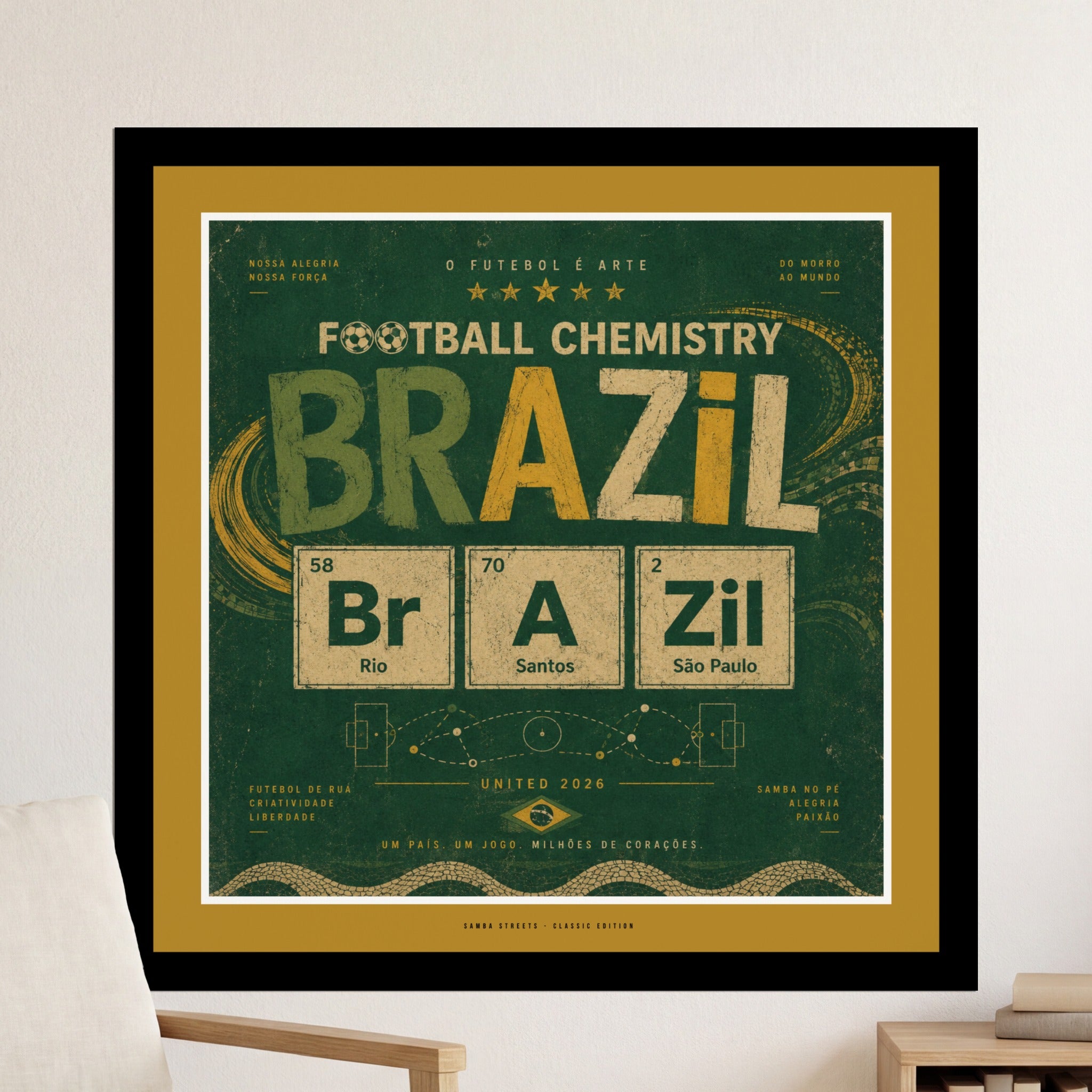 Brazil Football Chemistry poster with Periodic Table elements.