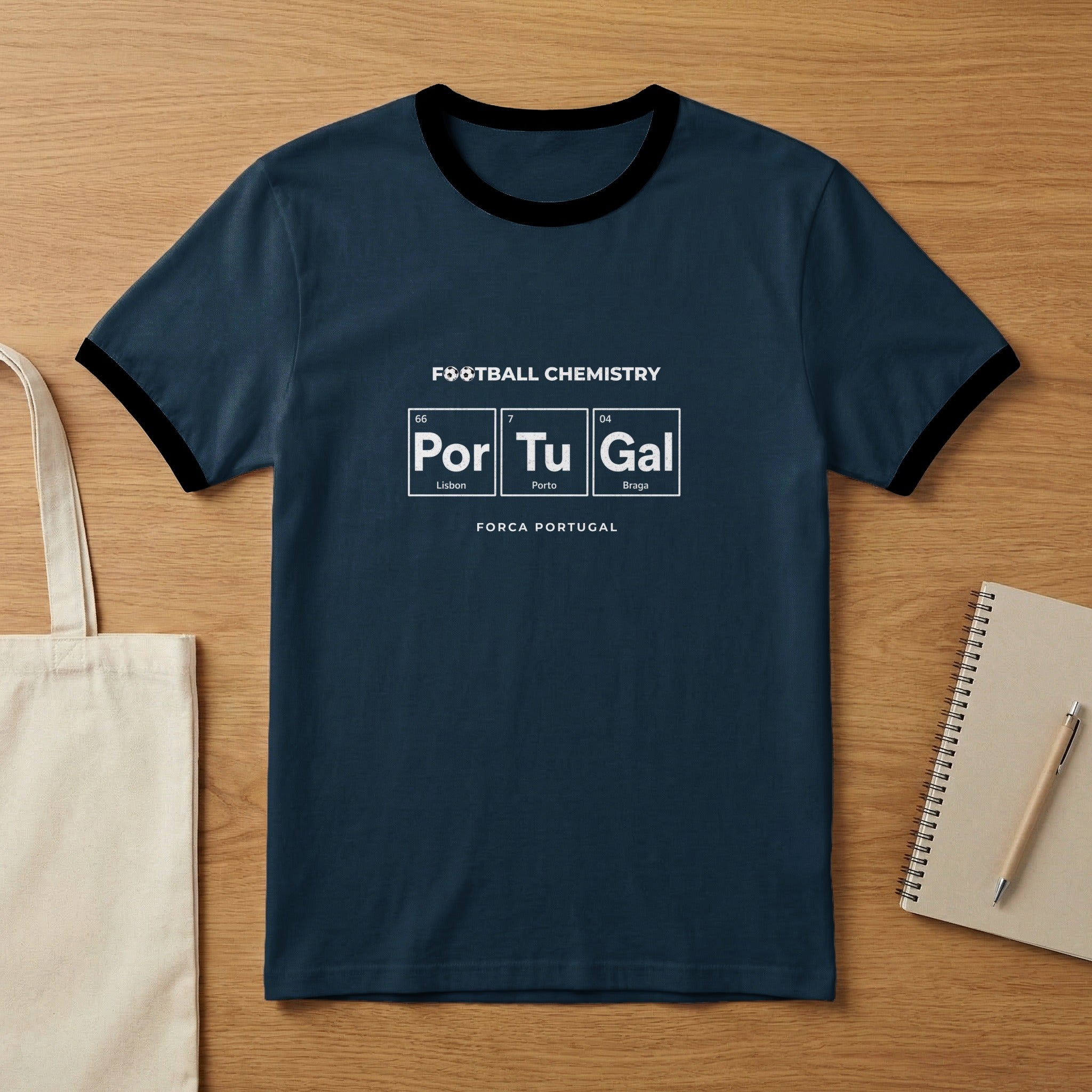 Navy t-shirt with "FOOTBALL CHEMISTRY" and periodic table elements for Porto and Braga.