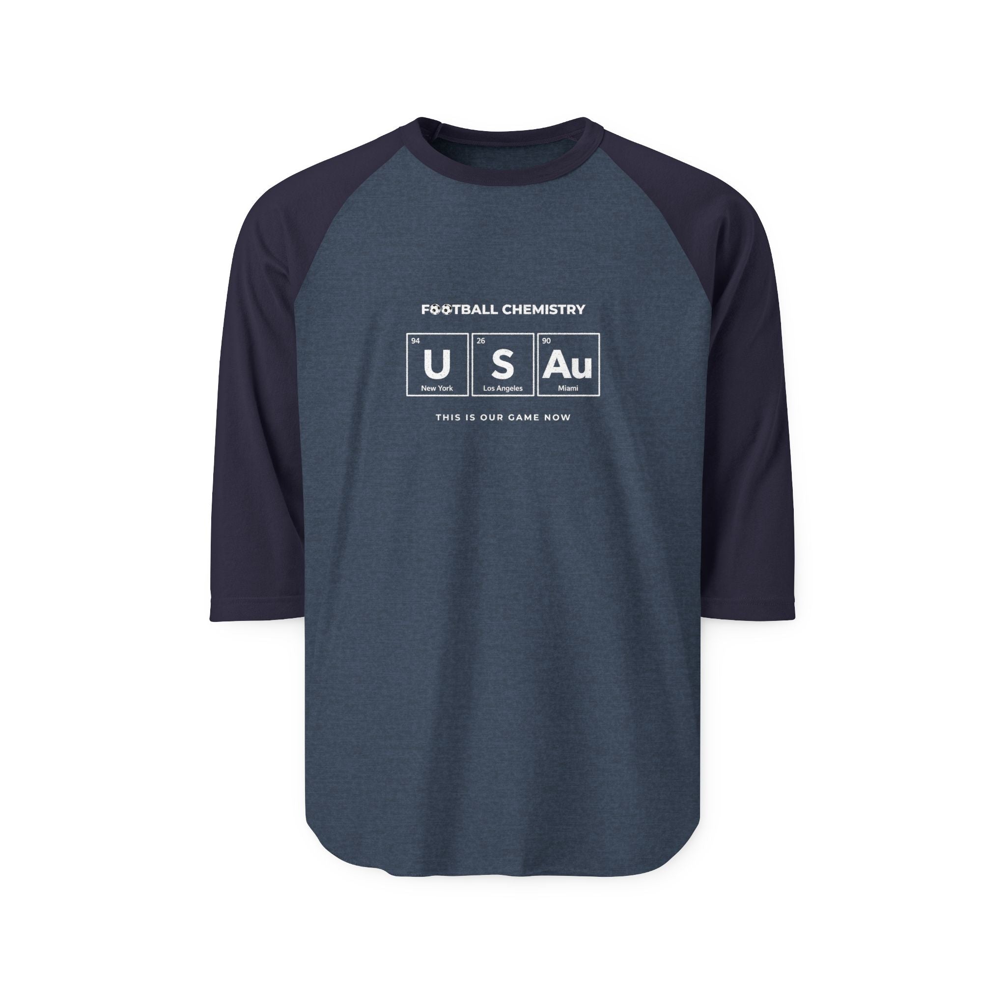 Baseball tee with "FOOTBALL CHEMISTRY USAu" graphic.